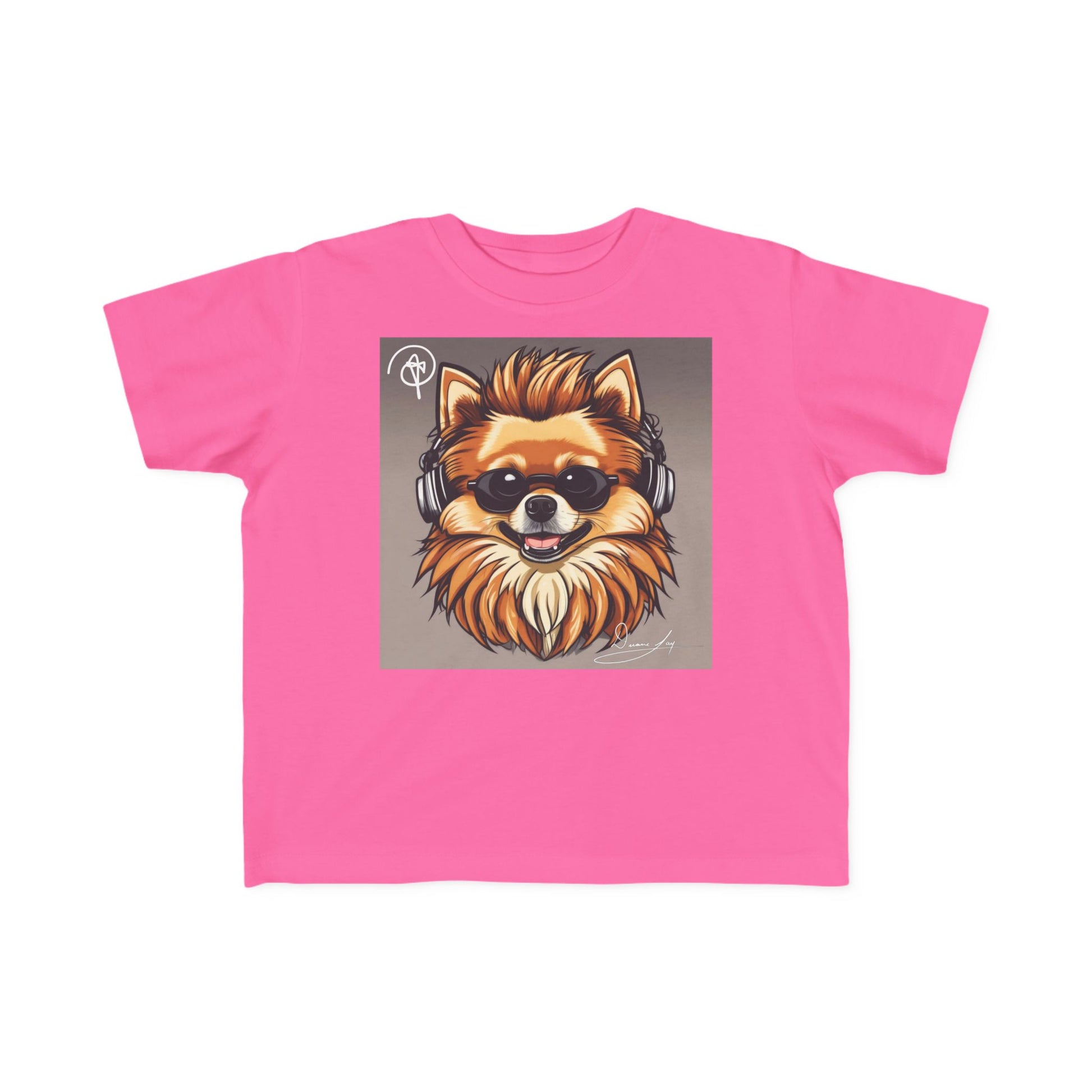 DuaneJay Cool Pomeranian Kids T-Shirt — fun kids graphic tee featuring an adorable Pomeranian rocking sunglasses and headphones, a bold and playful streetwear-inspired look for kids who carry the DuaneJay Fashion style with confidence