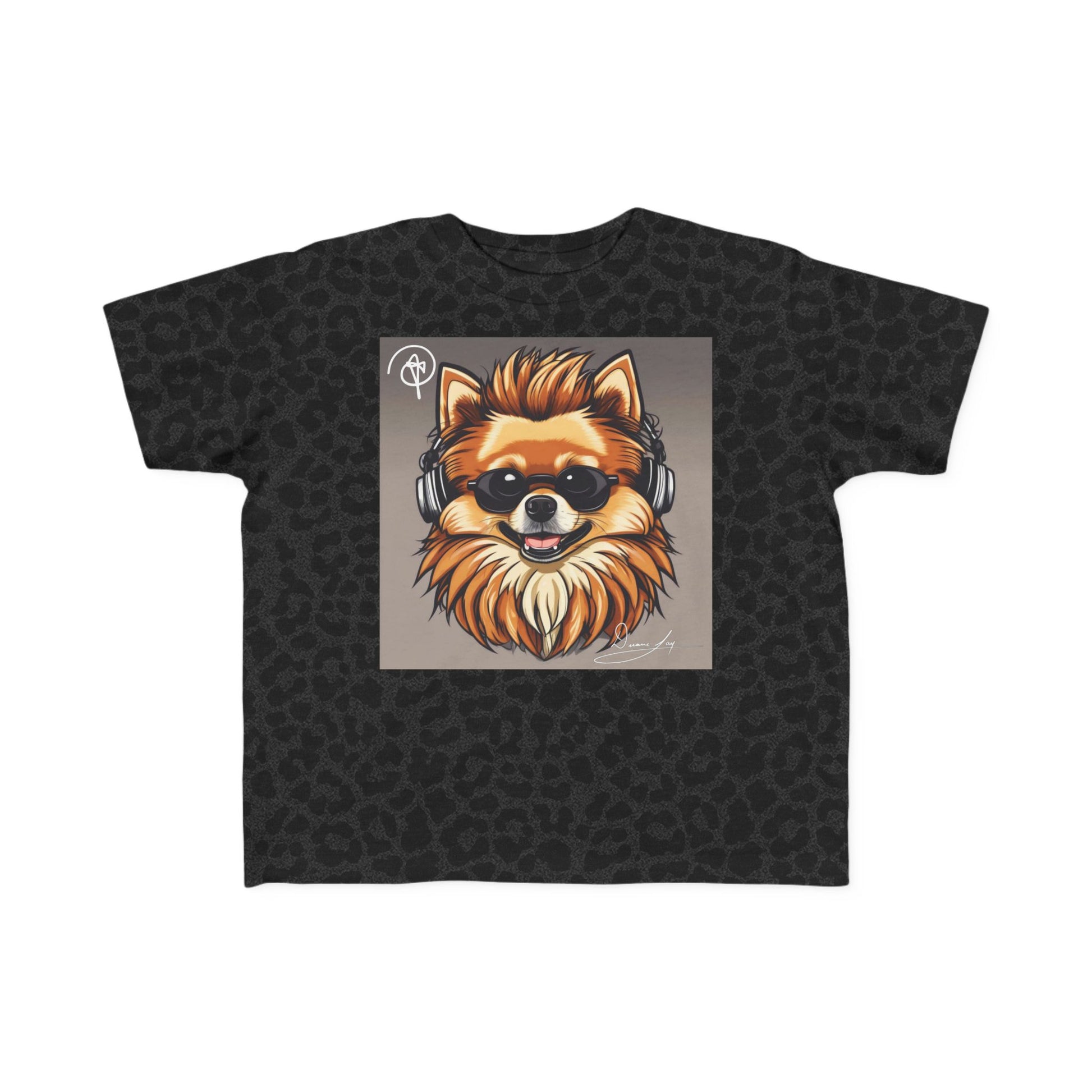 DuaneJay Cool Pomeranian Kids T-Shirt — fun kids graphic tee featuring an adorable Pomeranian rocking sunglasses and headphones, a bold and playful streetwear-inspired look for kids who carry the DuaneJay Fashion style with confidence