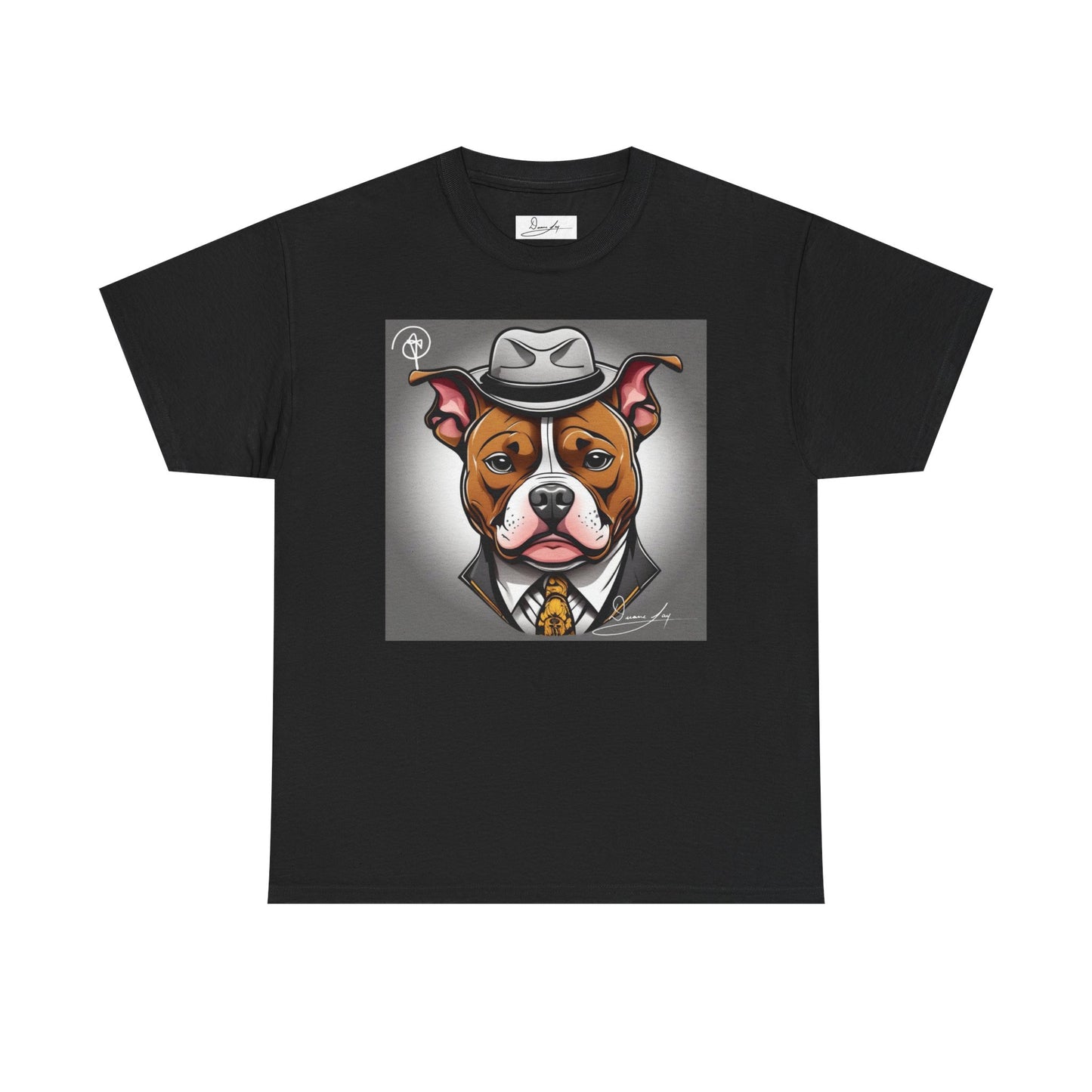DuaneJay Gentleman Pitbull Tee — distinguished graphic tee featuring a dapper pitbull portrait blending elegance with bold streetwear energy for dog lovers with class and confidence