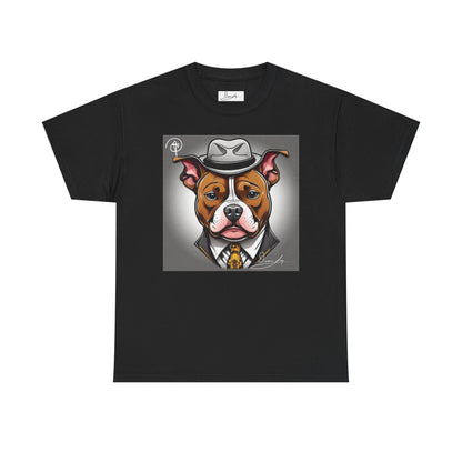 DuaneJay Gentleman Pitbull Tee — distinguished graphic tee featuring a dapper pitbull portrait blending elegance with bold streetwear energy for dog lovers with class and confidence