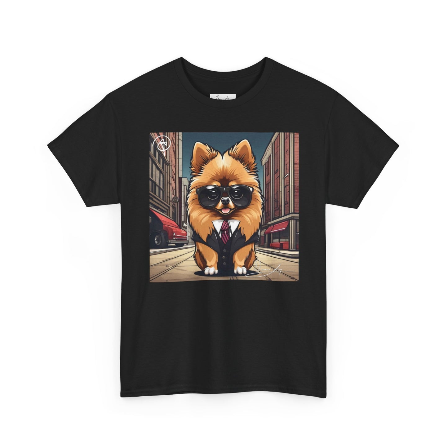 DuaneJay Pomeranian Business Dog T-Shirt — cute Pomeranian in suit graphic tee streetwear