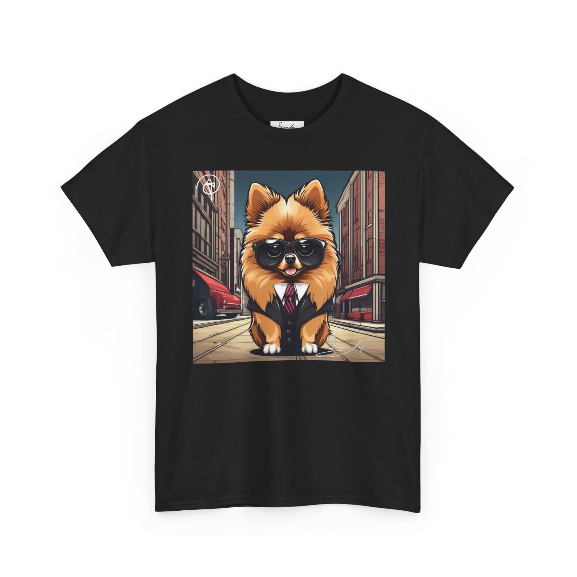 DuaneJay Pomeranian Business Dog T-Shirt — cute Pomeranian in suit graphic tee streetwear