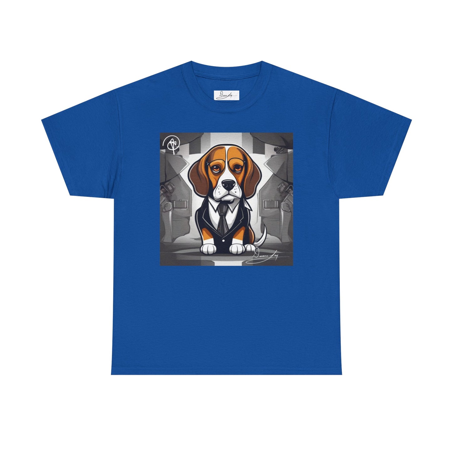 DuaneJay Beagle in a Suit T-Shirt — funny formal dog graphic tee featuring an adorable beagle dressed in a dapper suit, perfect for dog lovers who love bold streetwear style