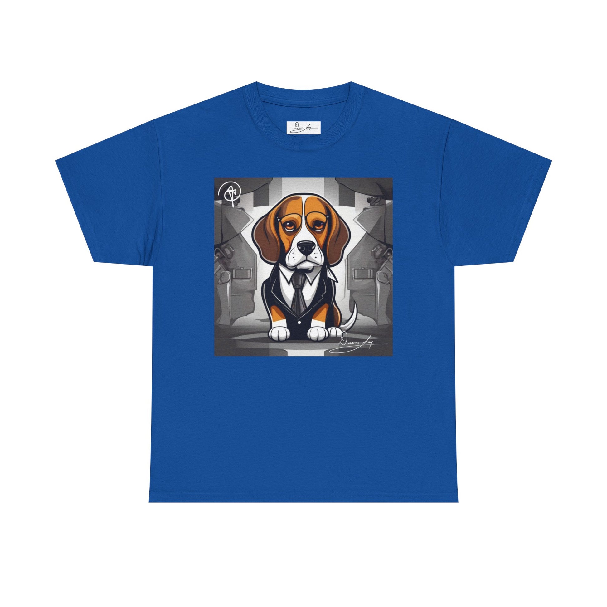 DuaneJay Beagle in a Suit T-Shirt — funny formal dog graphic tee featuring an adorable beagle dressed in a dapper suit, perfect for dog lovers who love bold streetwear style
