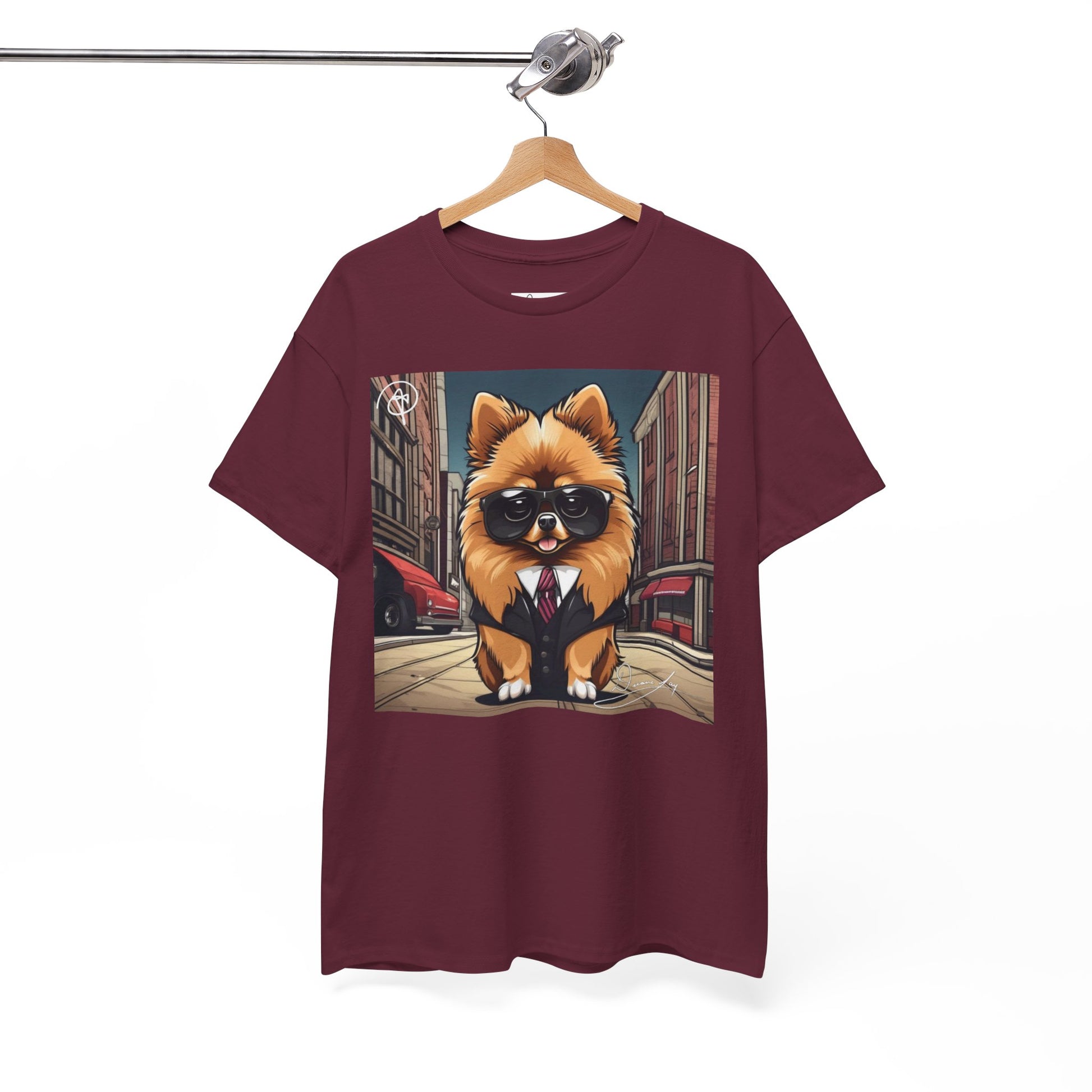 DuaneJay Pomeranian Business Dog T-Shirt — cute Pomeranian in suit graphic tee streetwear