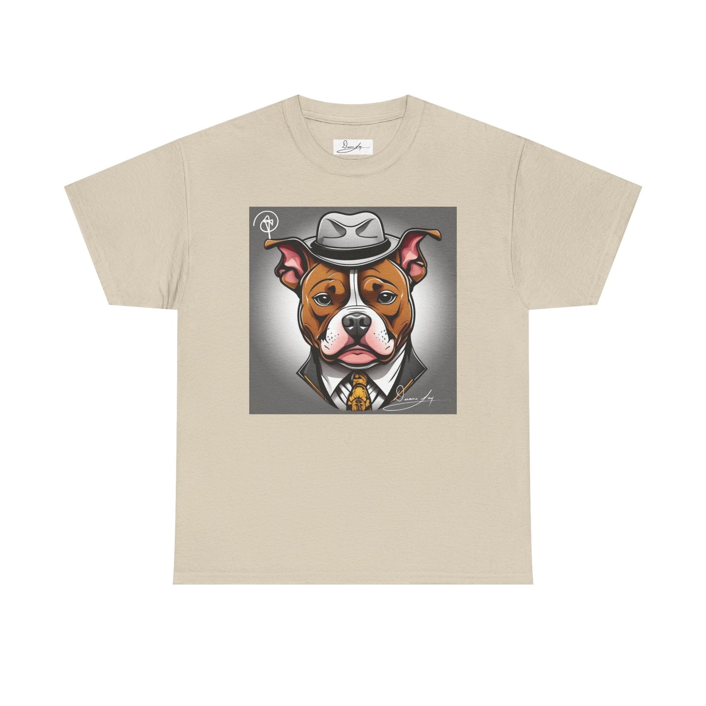 DuaneJay Gentleman Pitbull Tee — distinguished graphic tee featuring a dapper pitbull portrait blending elegance with bold streetwear energy for dog lovers with class and confidence