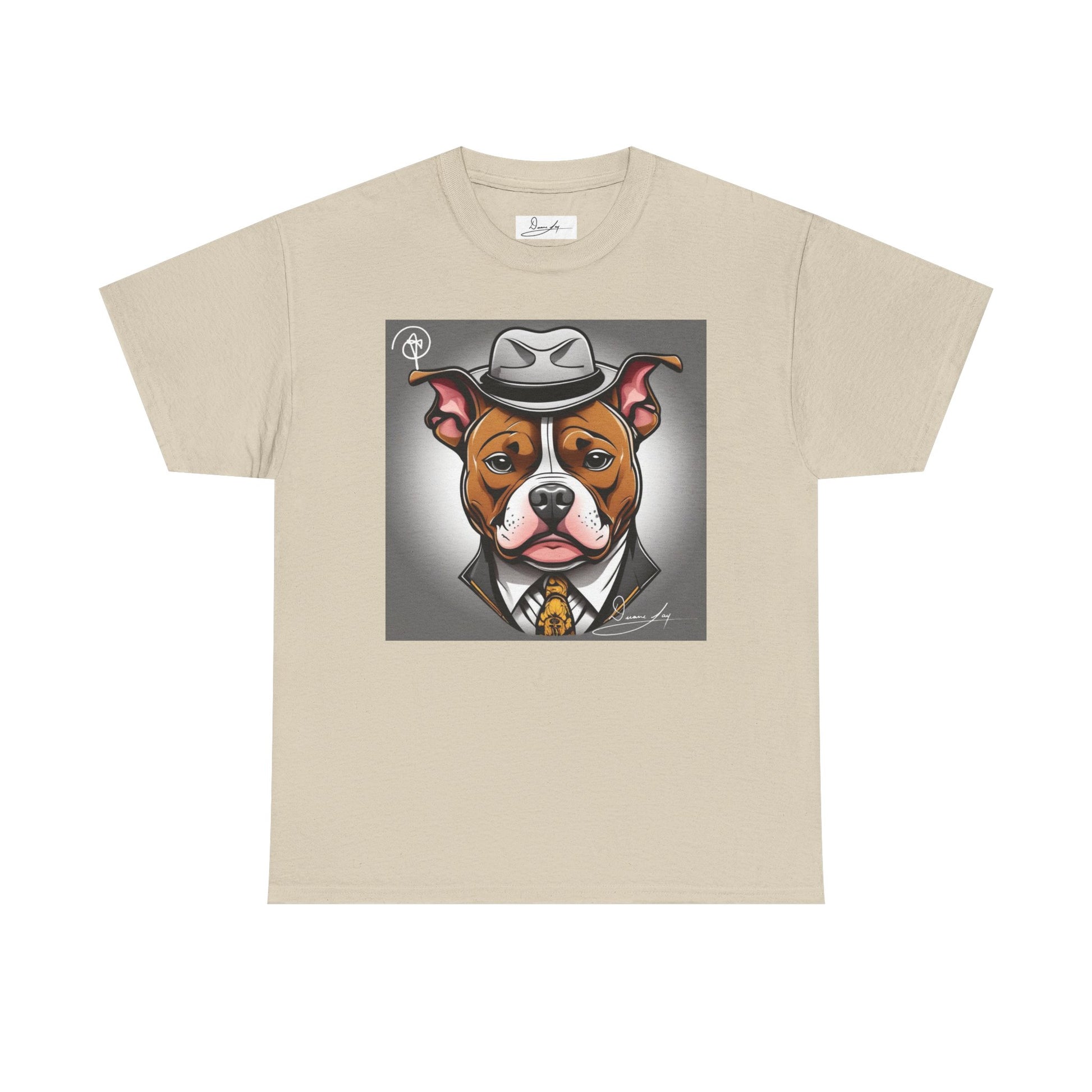 DuaneJay Gentleman Pitbull Tee — distinguished graphic tee featuring a dapper pitbull portrait blending elegance with bold streetwear energy for dog lovers with class and confidence