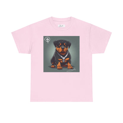 DuaneJay Rottweiler Puppy Portrait T-Shirt — charming graphic tee featuring an adorable Rottweiler puppy rendered in stunning artistic detail, a perfect blend of cuteness and signature streetwear style for devoted dog lovers