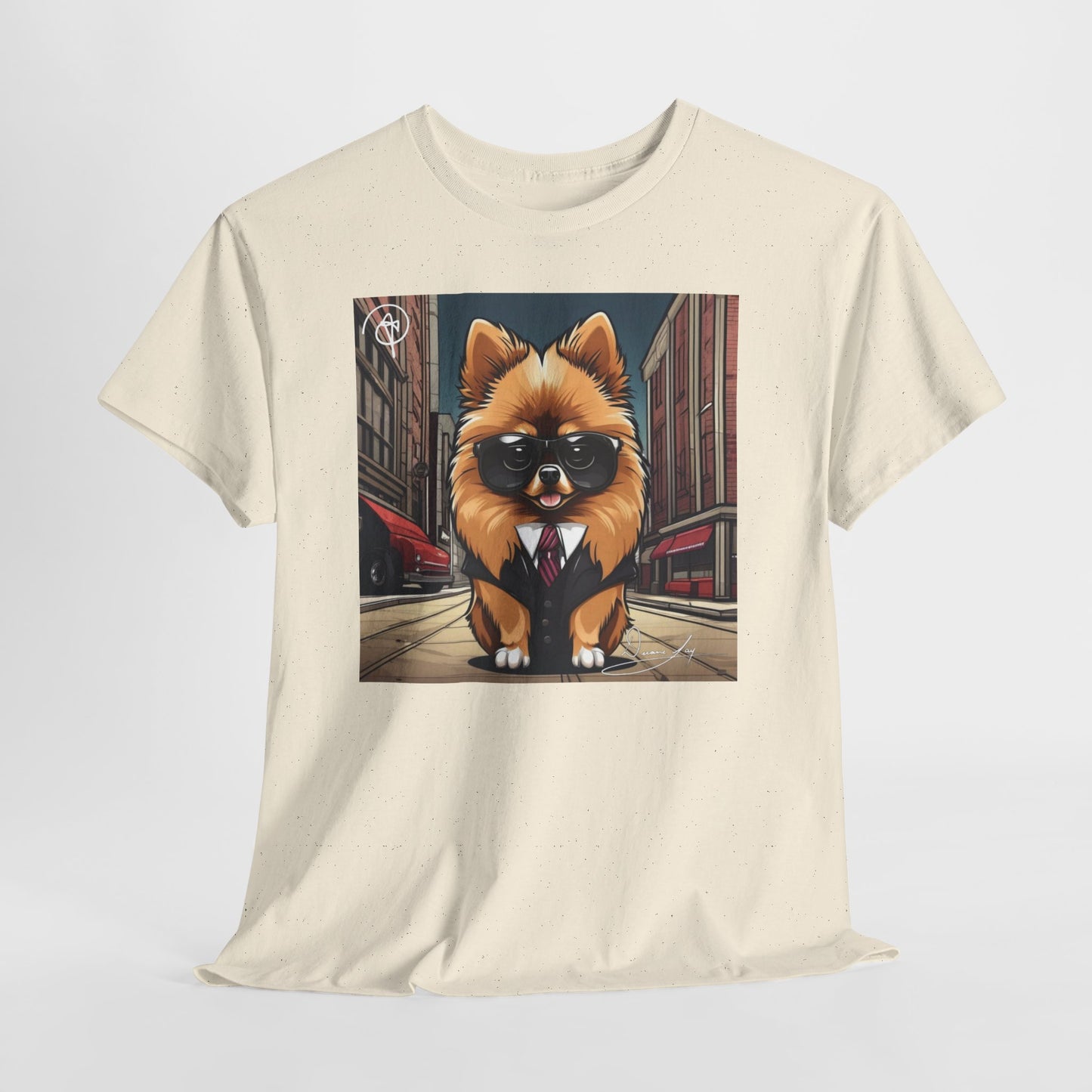 DuaneJay Pomeranian Business Dog T-Shirt — cute Pomeranian in suit graphic tee streetwear