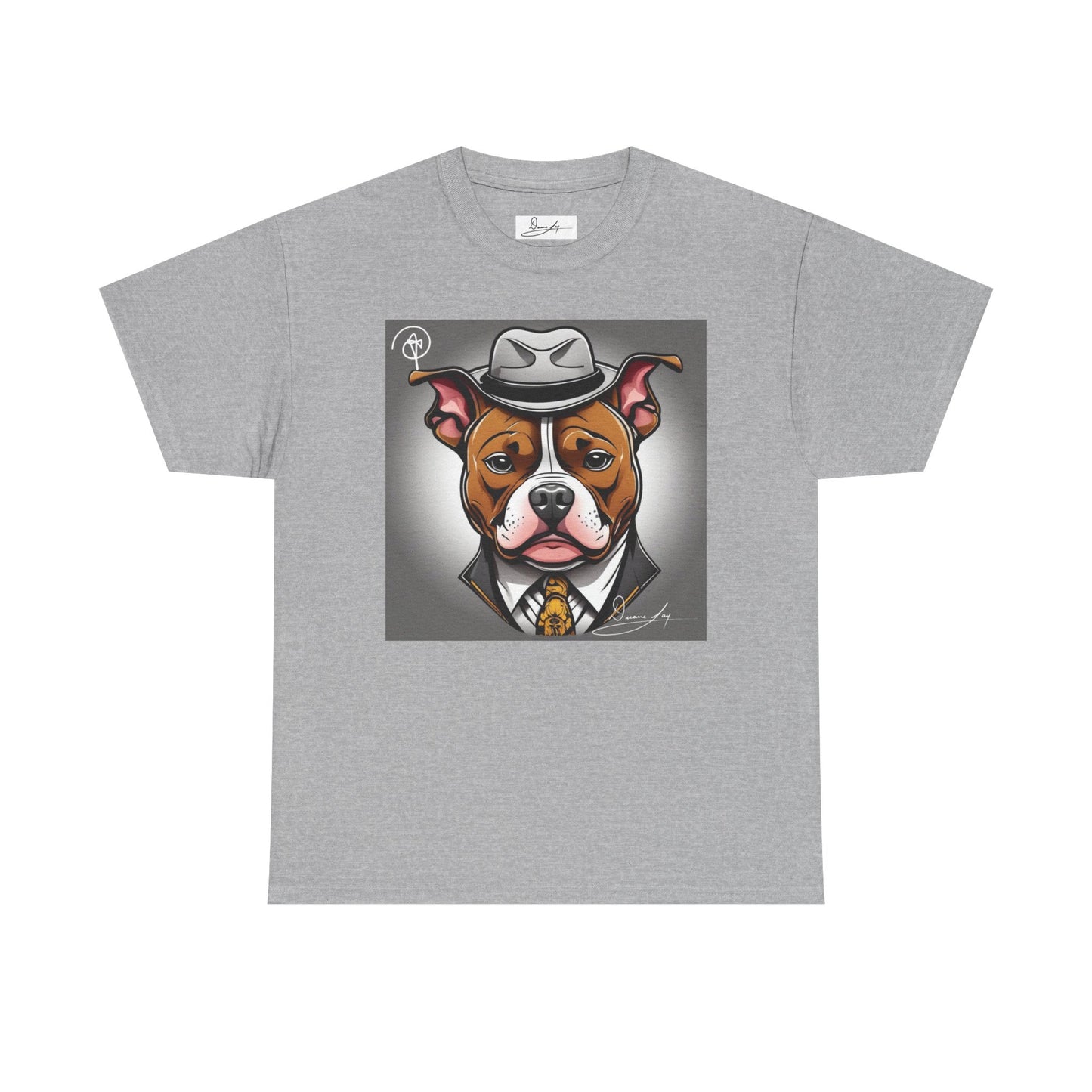 DuaneJay Gentleman Pitbull Tee — distinguished graphic tee featuring a dapper pitbull portrait blending elegance with bold streetwear energy for dog lovers with class and confidence