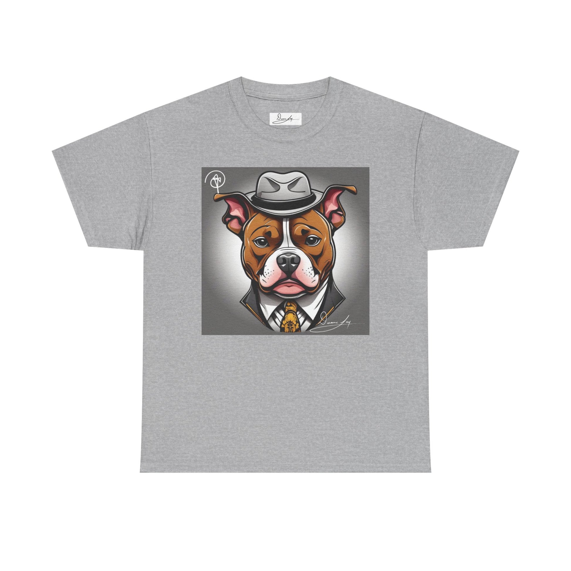 DuaneJay Gentleman Pitbull Tee — distinguished graphic tee featuring a dapper pitbull portrait blending elegance with bold streetwear energy for dog lovers with class and confidence