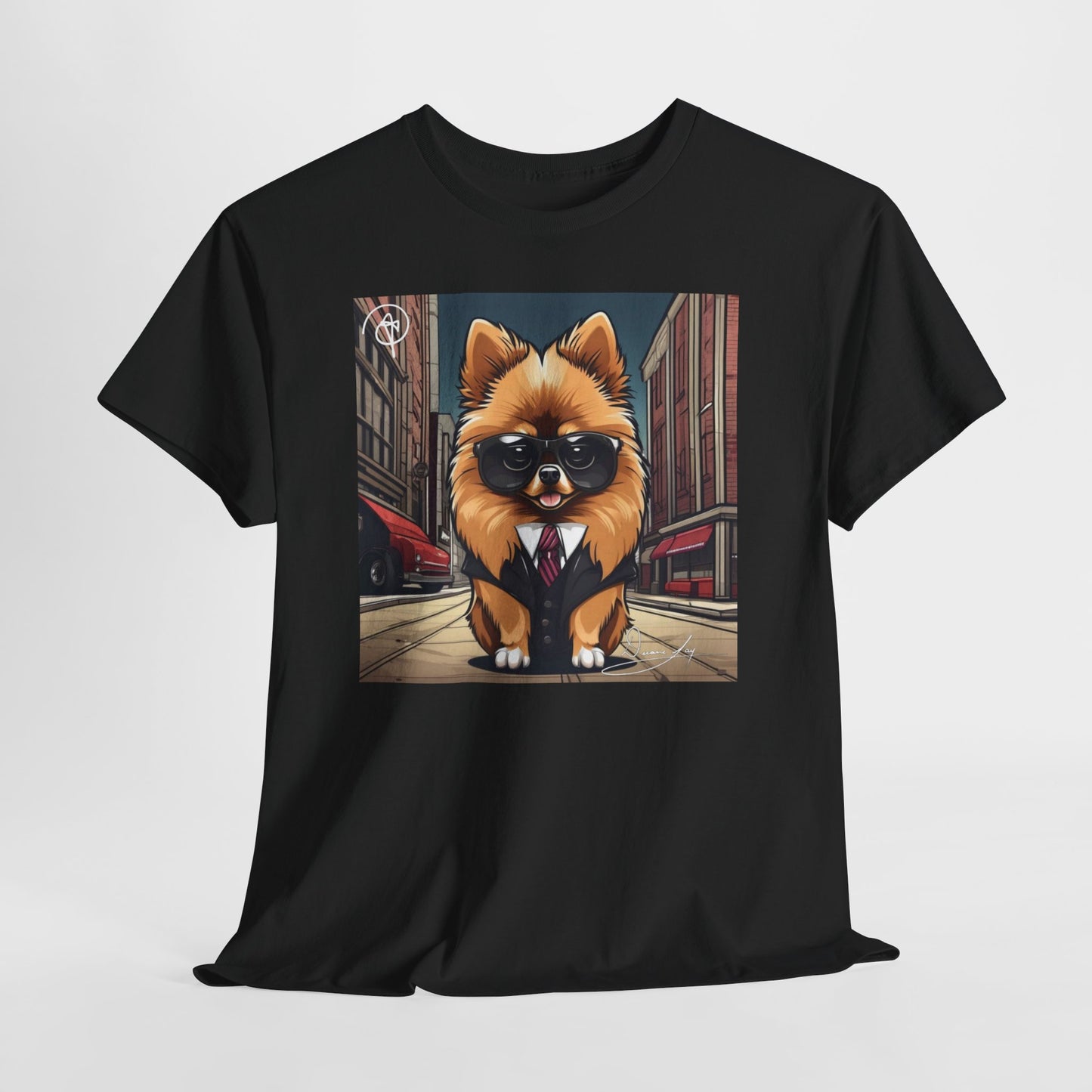 DuaneJay Pomeranian Business Dog T-Shirt — cute Pomeranian in suit graphic tee streetwear