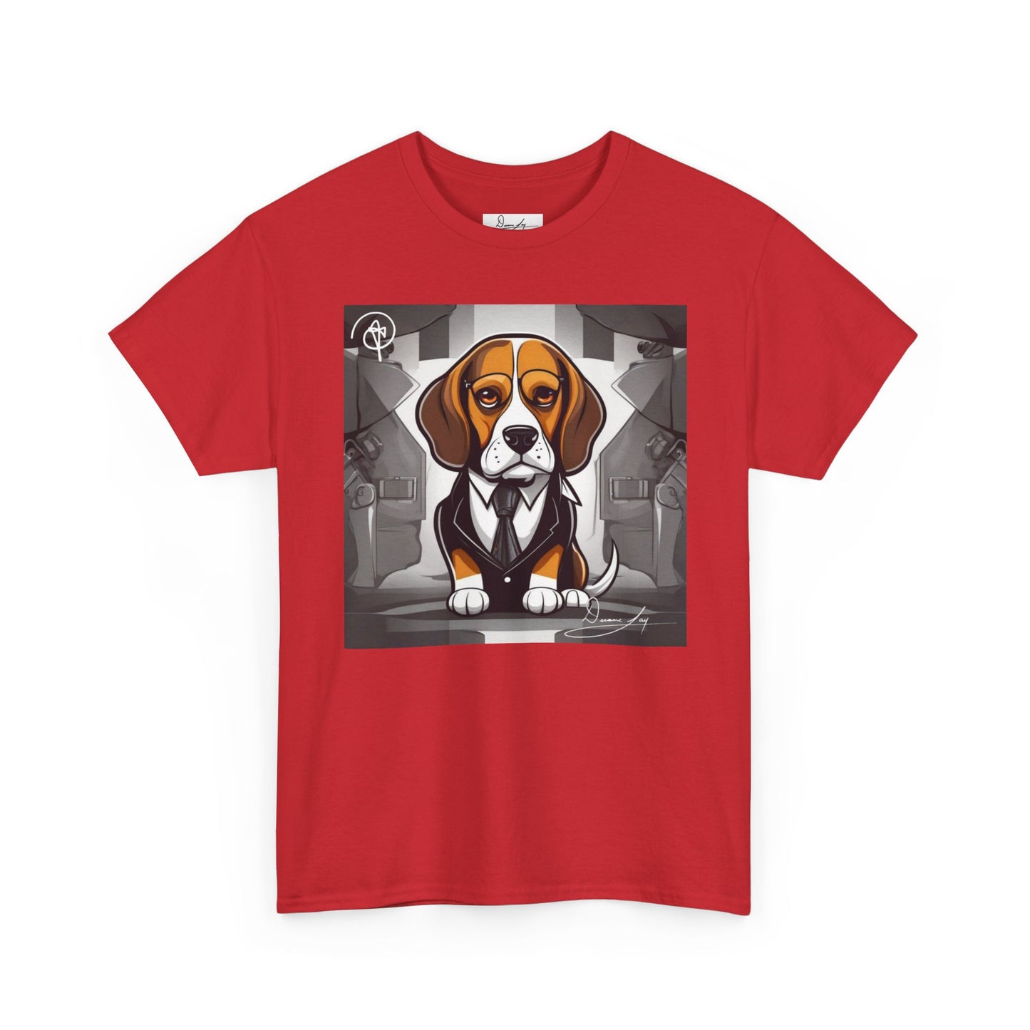 DuaneJay Beagle in a Suit T-Shirt — funny formal dog graphic tee featuring an adorable beagle dressed in a dapper suit, perfect for dog lovers who love bold streetwear style