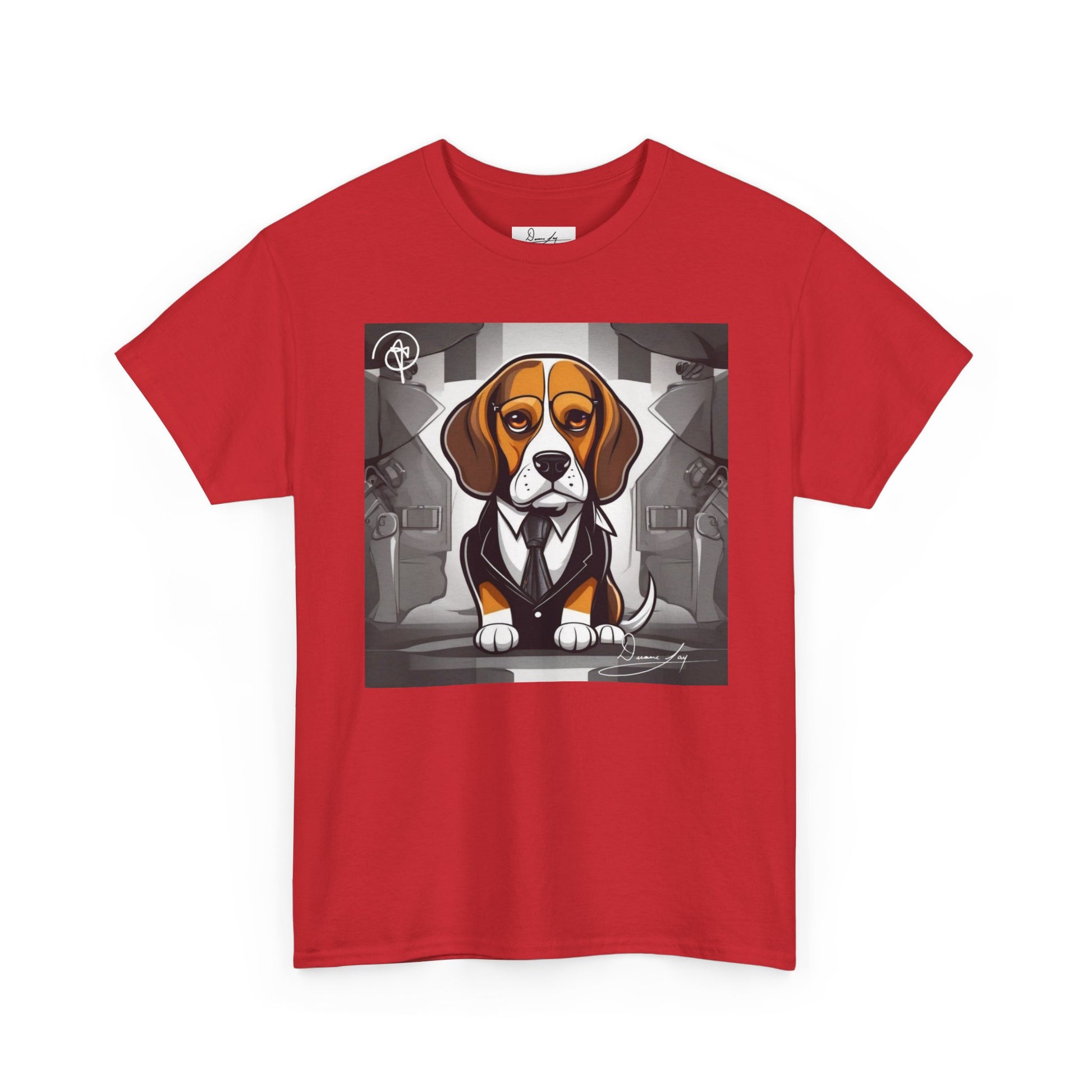 DuaneJay Beagle in a Suit T-Shirt — funny formal dog graphic tee featuring an adorable beagle dressed in a dapper suit, perfect for dog lovers who love bold streetwear style