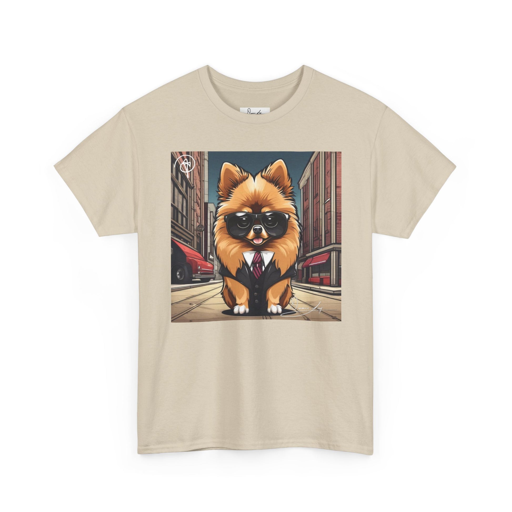 DuaneJay Pomeranian Business Dog T-Shirt — cute Pomeranian in suit graphic tee streetwear