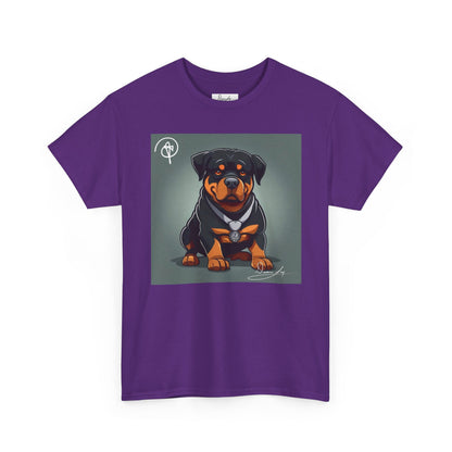 DuaneJay Rottweiler Puppy Portrait T-Shirt — charming graphic tee featuring an adorable Rottweiler puppy rendered in stunning artistic detail, a perfect blend of cuteness and signature streetwear style for devoted dog lovers