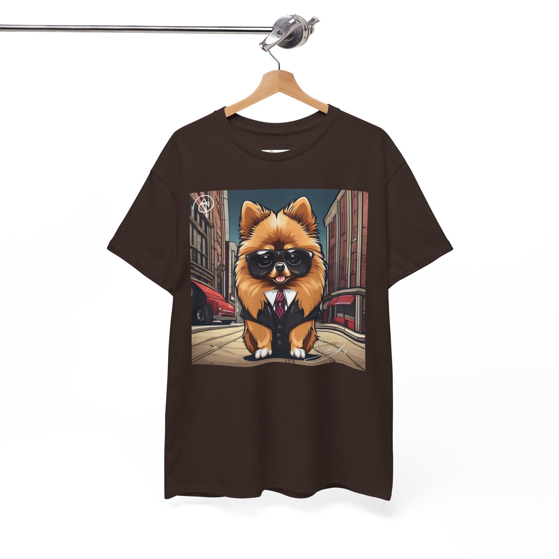 DuaneJay Pomeranian Business Dog T-Shirt — cute Pomeranian in suit graphic tee streetwear