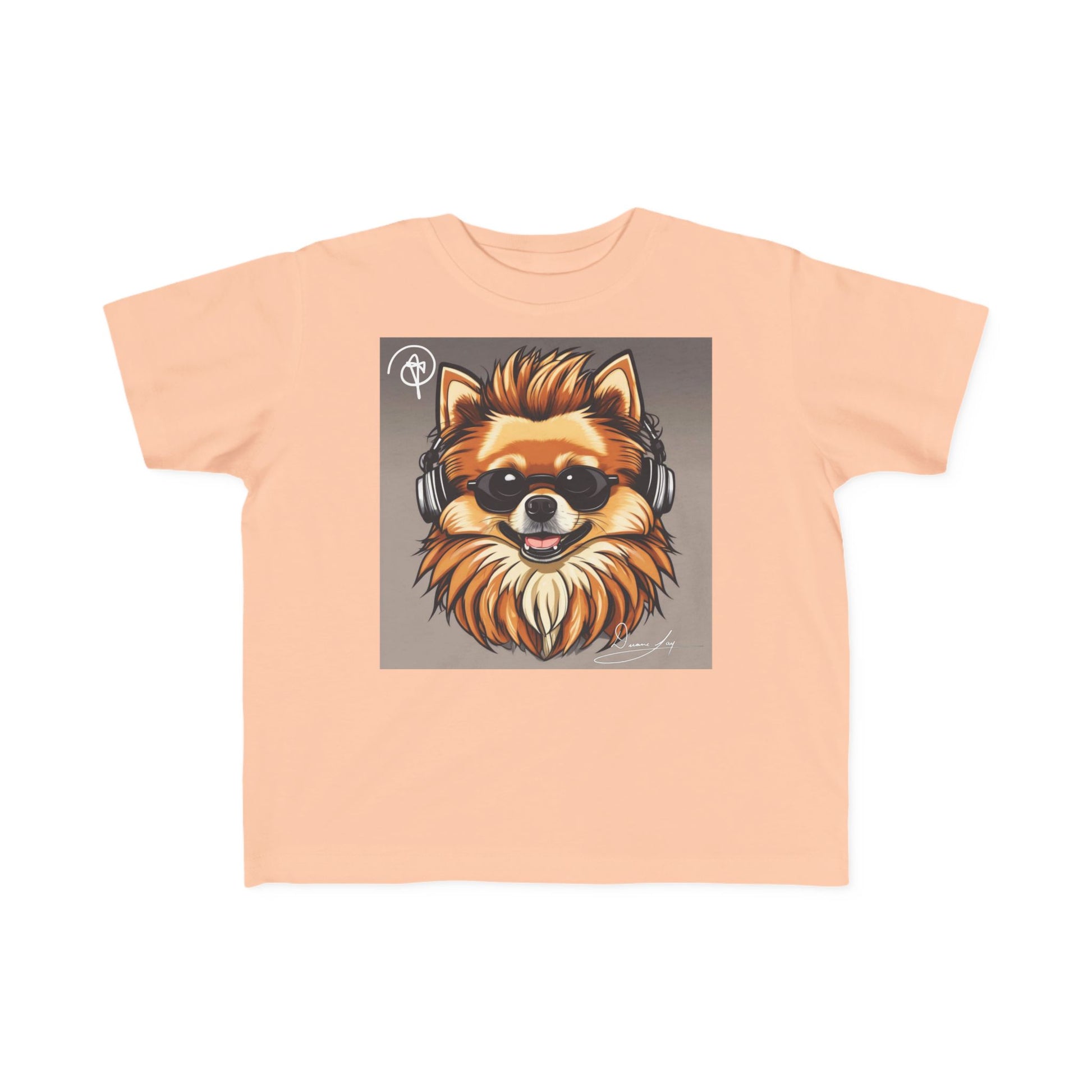 DuaneJay Cool Pomeranian Kids T-Shirt — fun kids graphic tee featuring an adorable Pomeranian rocking sunglasses and headphones, a bold and playful streetwear-inspired look for kids who carry the DuaneJay Fashion style with confidence