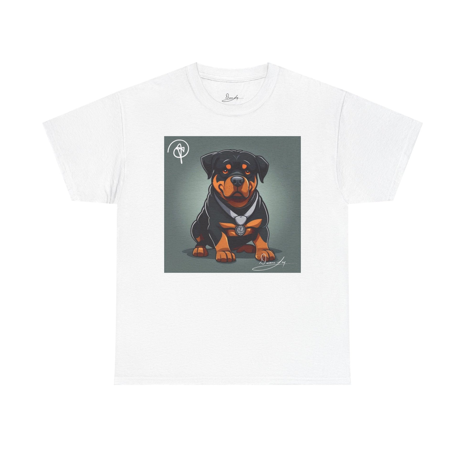 DuaneJay Rottweiler Puppy Portrait T-Shirt — charming graphic tee featuring an adorable Rottweiler puppy rendered in stunning artistic detail, a perfect blend of cuteness and signature streetwear style for devoted dog lovers