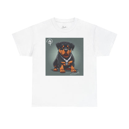 DuaneJay Rottweiler Puppy Portrait T-Shirt — charming graphic tee featuring an adorable Rottweiler puppy rendered in stunning artistic detail, a perfect blend of cuteness and signature streetwear style for devoted dog lovers