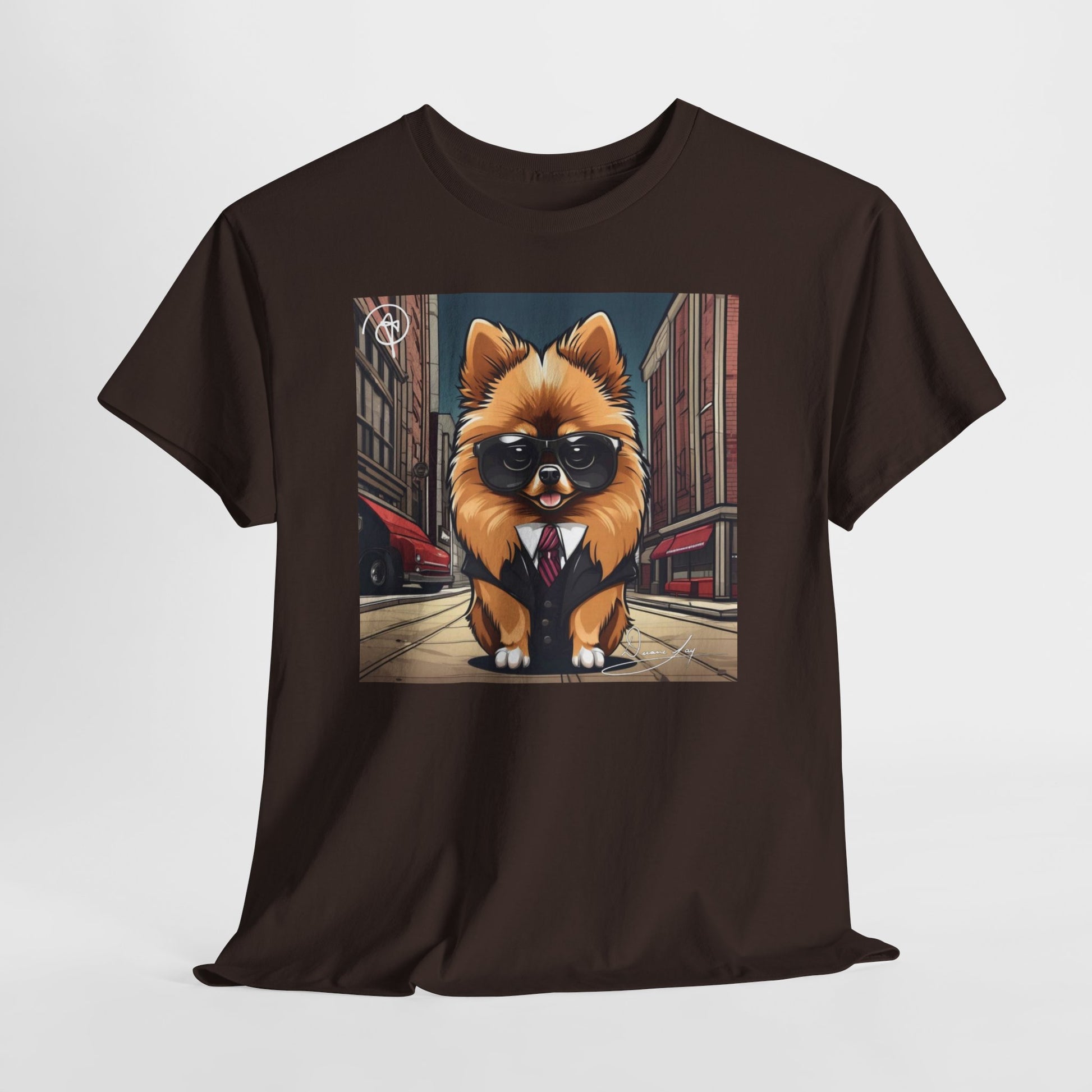 DuaneJay Pomeranian Business Dog T-Shirt — cute Pomeranian in suit graphic tee streetwear