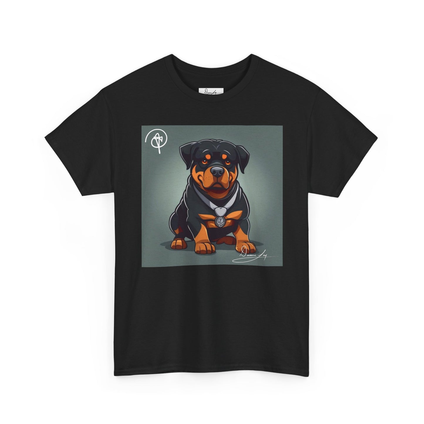 DuaneJay Rottweiler Puppy Portrait T-Shirt — charming graphic tee featuring an adorable Rottweiler puppy rendered in stunning artistic detail, a perfect blend of cuteness and signature streetwear style for devoted dog lovers
