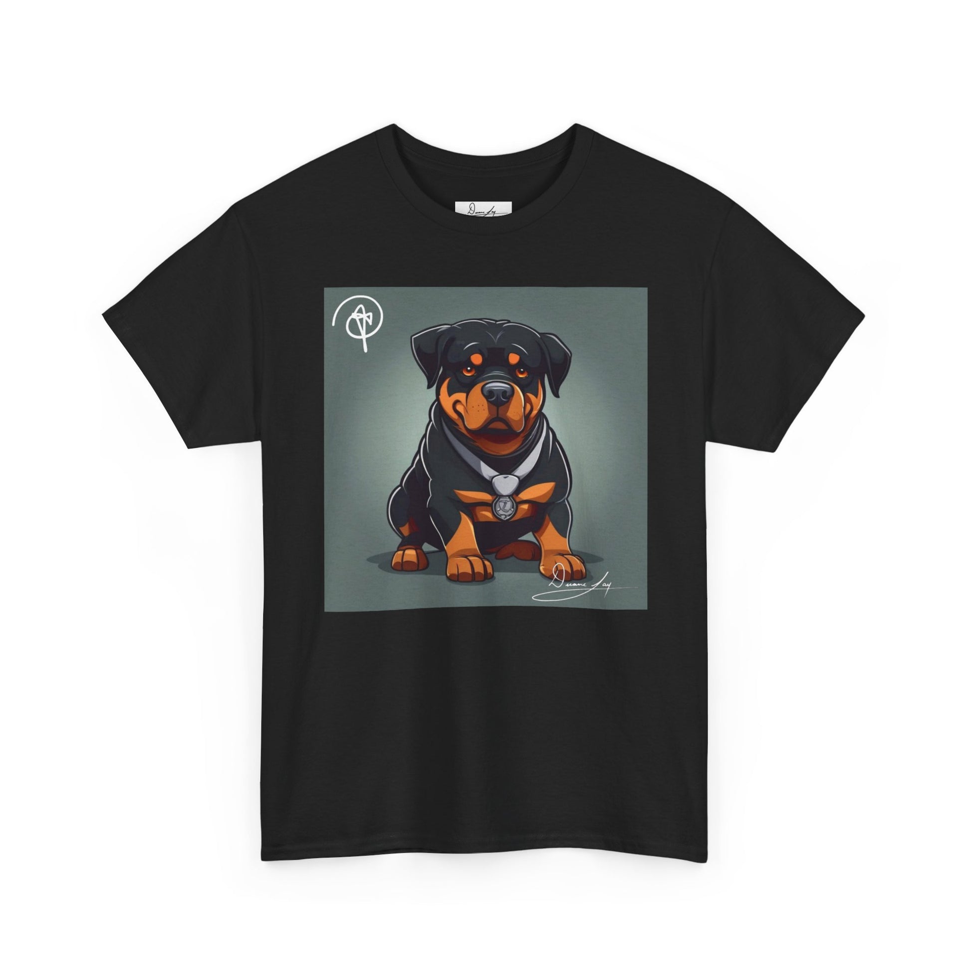 DuaneJay Rottweiler Puppy Portrait T-Shirt — charming graphic tee featuring an adorable Rottweiler puppy rendered in stunning artistic detail, a perfect blend of cuteness and signature streetwear style for devoted dog lovers