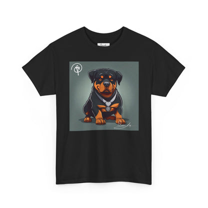 DuaneJay Rottweiler Puppy Portrait T-Shirt — charming graphic tee featuring an adorable Rottweiler puppy rendered in stunning artistic detail, a perfect blend of cuteness and signature streetwear style for devoted dog lovers