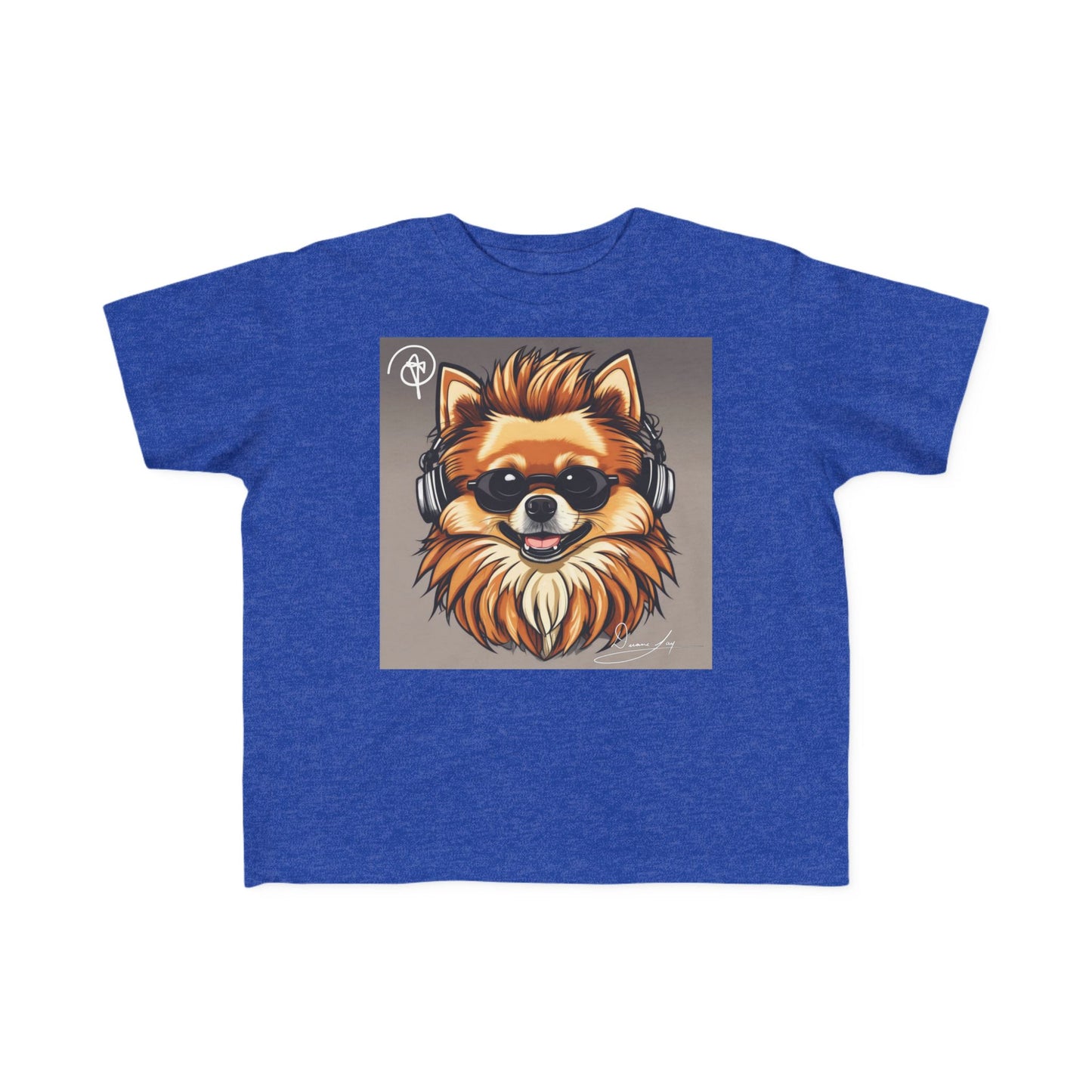 DuaneJay Cool Pomeranian Kids T-Shirt — fun kids graphic tee featuring an adorable Pomeranian rocking sunglasses and headphones, a bold and playful streetwear-inspired look for kids who carry the DuaneJay Fashion style with confidence