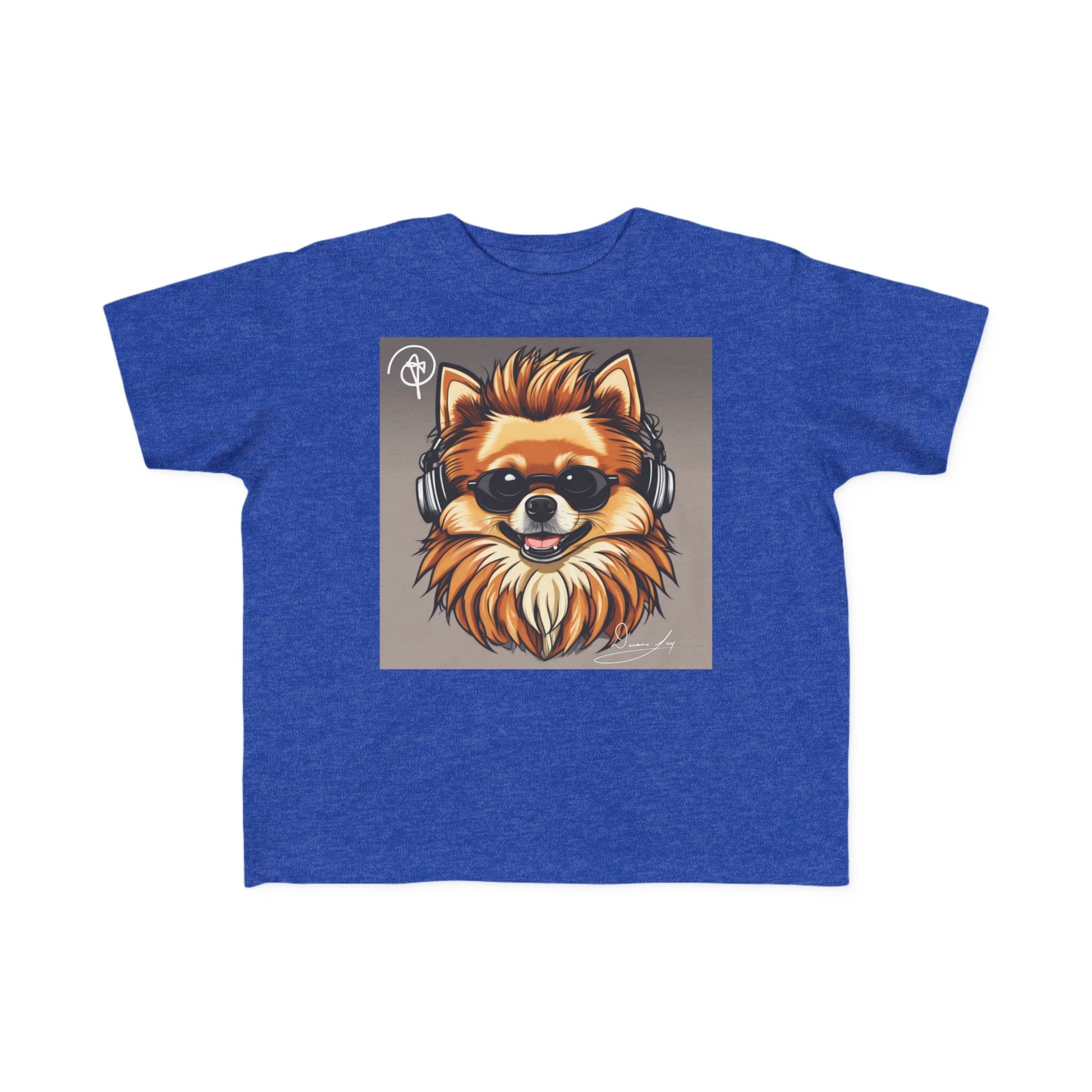 DuaneJay Cool Pomeranian Kids T-Shirt — fun kids graphic tee featuring an adorable Pomeranian rocking sunglasses and headphones, a bold and playful streetwear-inspired look for kids who carry the DuaneJay Fashion style with confidence