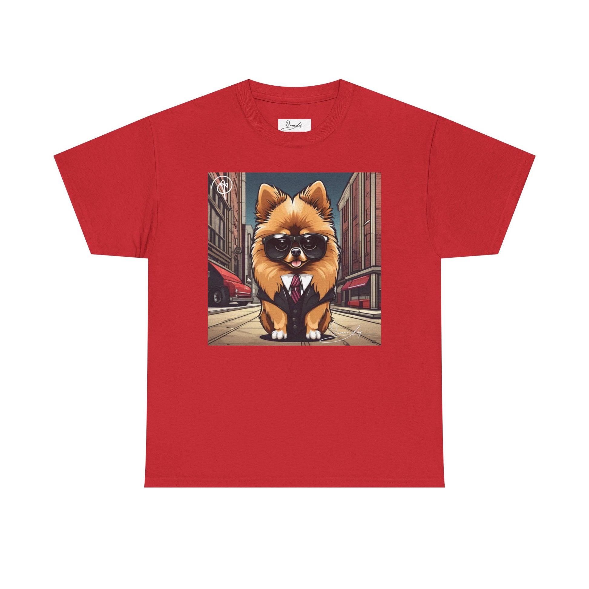 DuaneJay Pomeranian Business Dog T-Shirt — cute Pomeranian in suit graphic tee streetwear