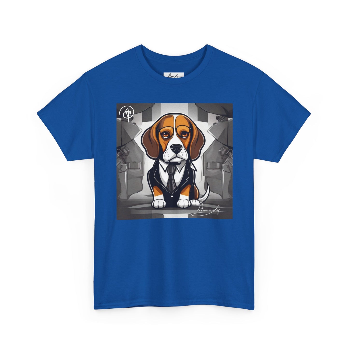 DuaneJay Beagle in a Suit T-Shirt — funny formal dog graphic tee featuring an adorable beagle dressed in a dapper suit, perfect for dog lovers who love bold streetwear style