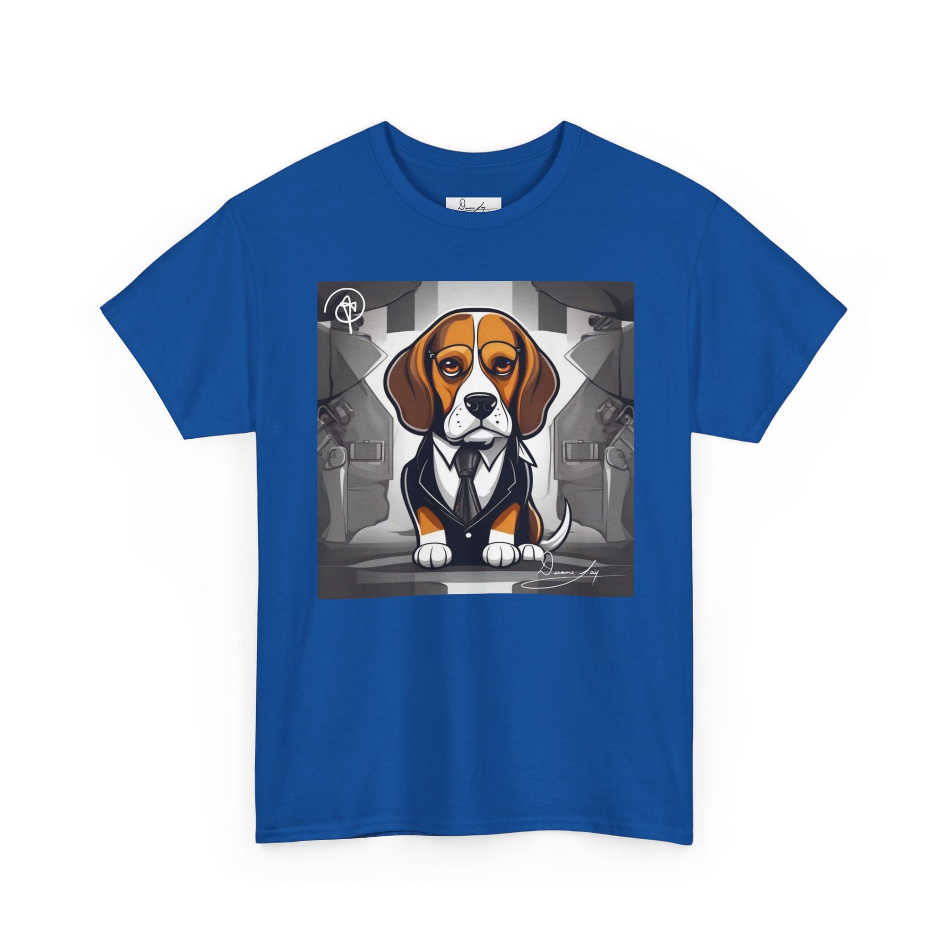 DuaneJay Beagle in a Suit T-Shirt — funny formal dog graphic tee featuring an adorable beagle dressed in a dapper suit, perfect for dog lovers who love bold streetwear style