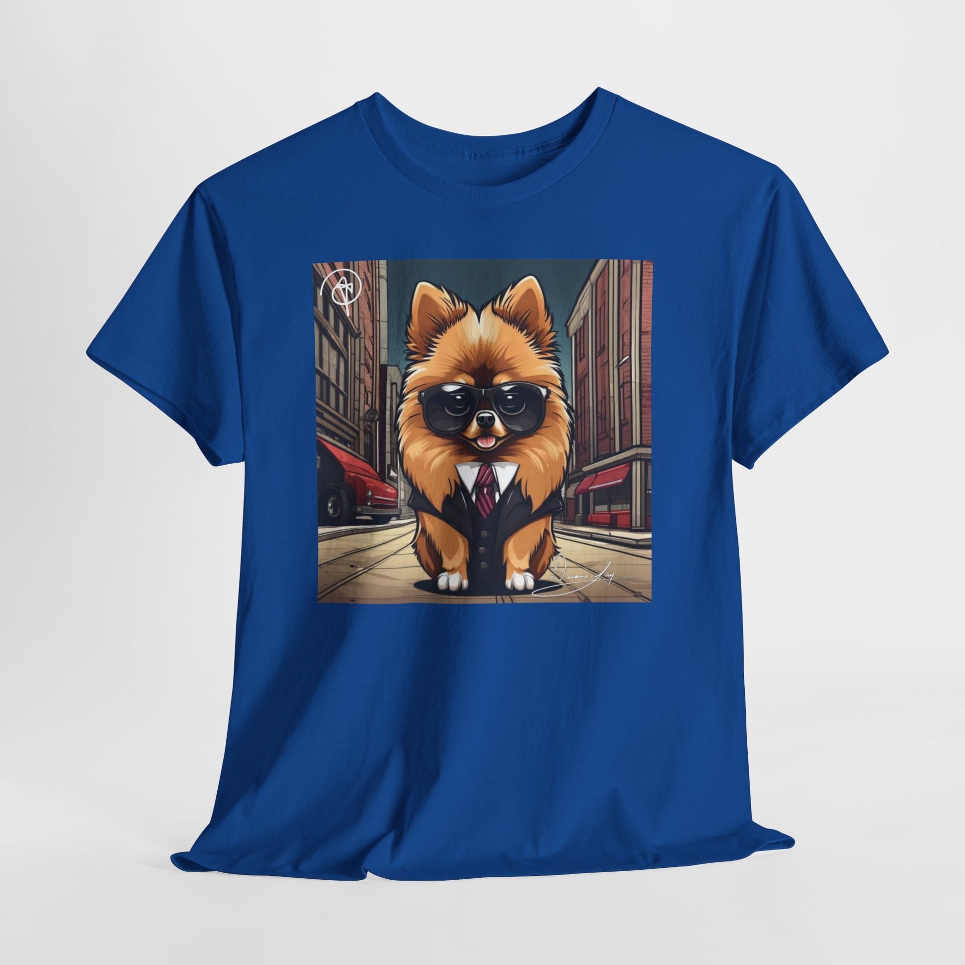 DuaneJay Pomeranian Business Dog T-Shirt — cute Pomeranian in suit graphic tee streetwear