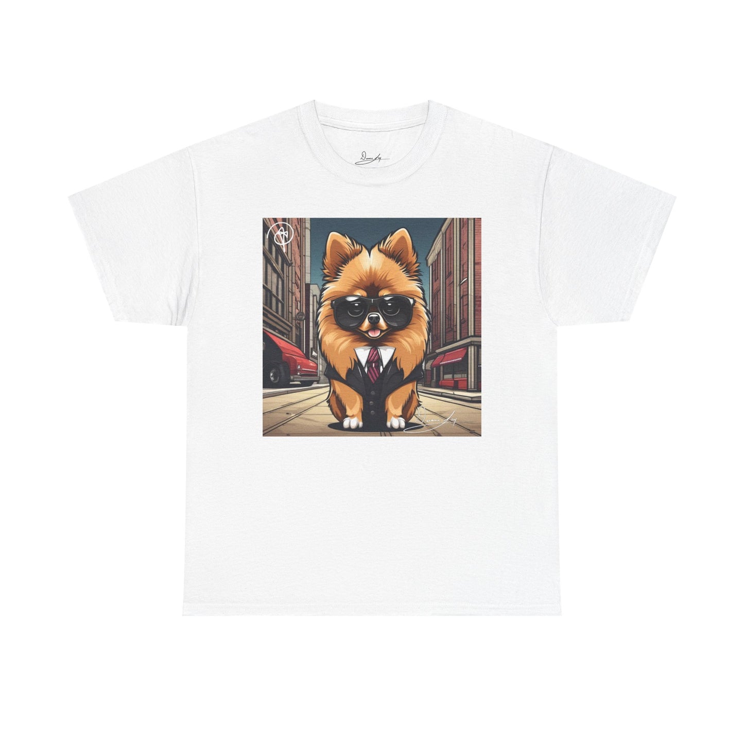 DuaneJay Pomeranian Business Dog T-Shirt — cute Pomeranian in suit graphic tee streetwear