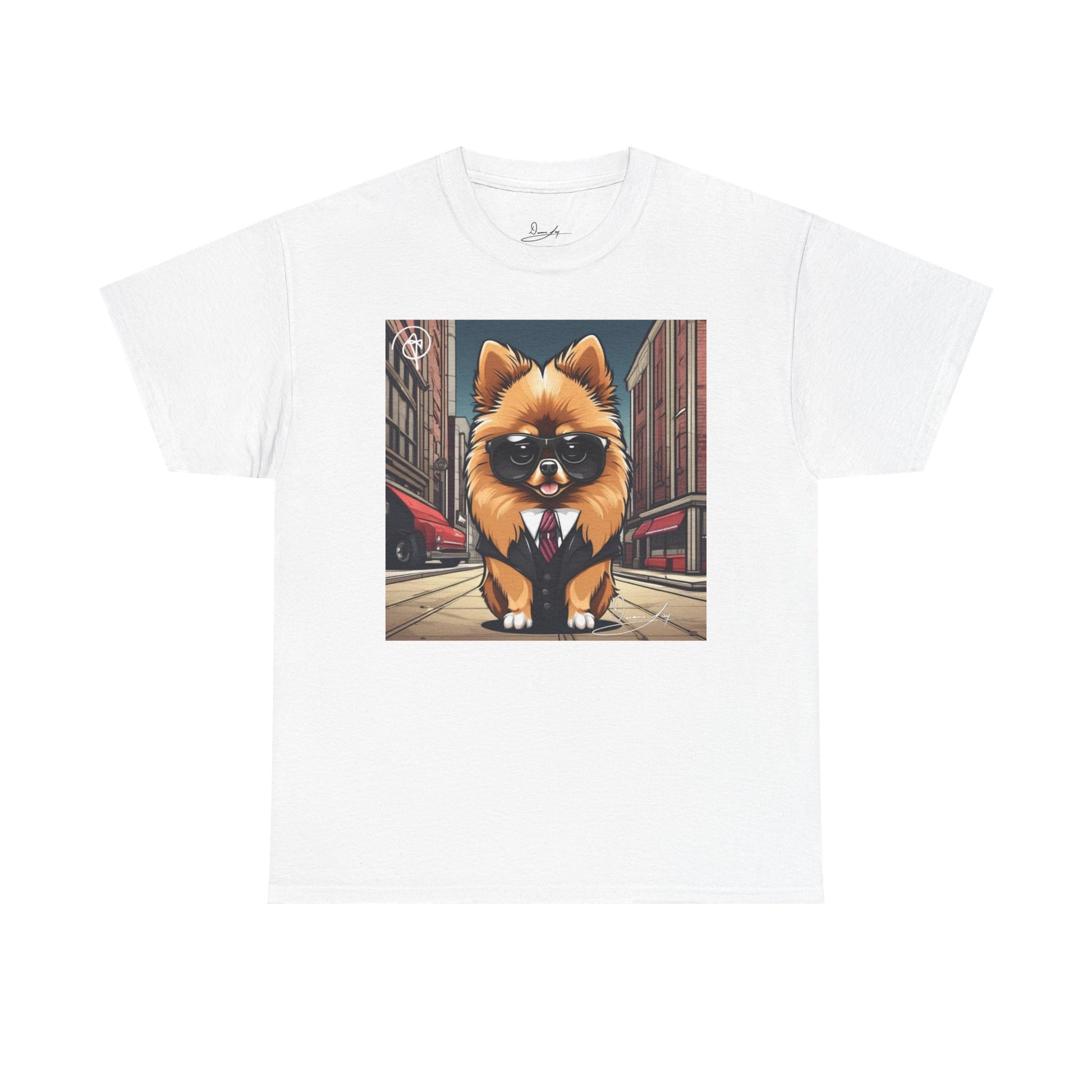 DuaneJay Pomeranian Business Dog T-Shirt — cute Pomeranian in suit graphic tee streetwear