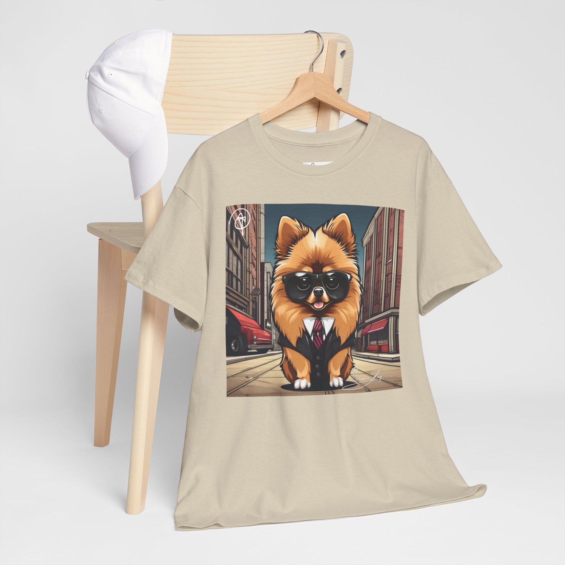 DuaneJay Pomeranian Business Dog T-Shirt — cute Pomeranian in suit graphic tee streetwear