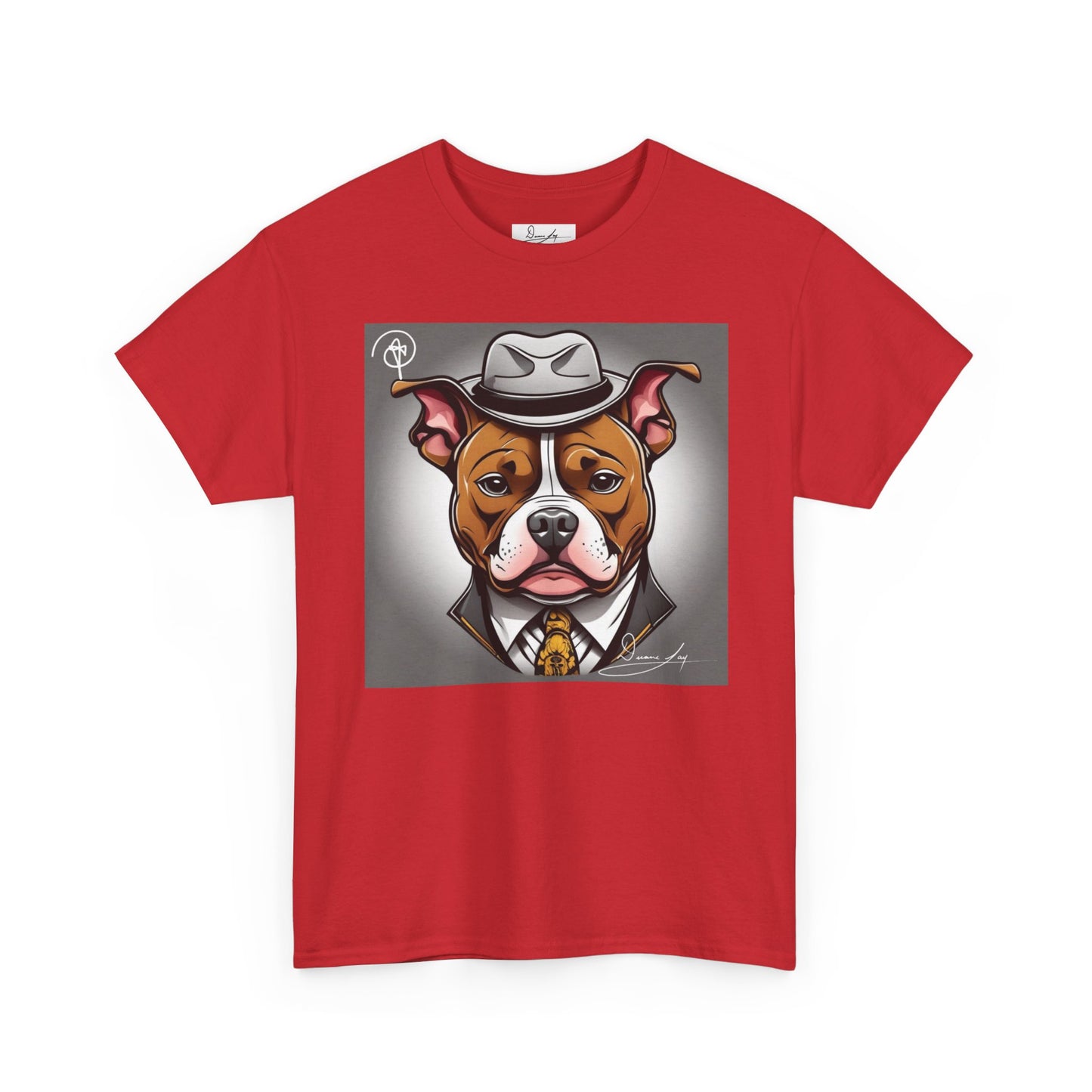DuaneJay Gentleman Pitbull Tee — distinguished graphic tee featuring a dapper pitbull portrait blending elegance with bold streetwear energy for dog lovers with class and confidence