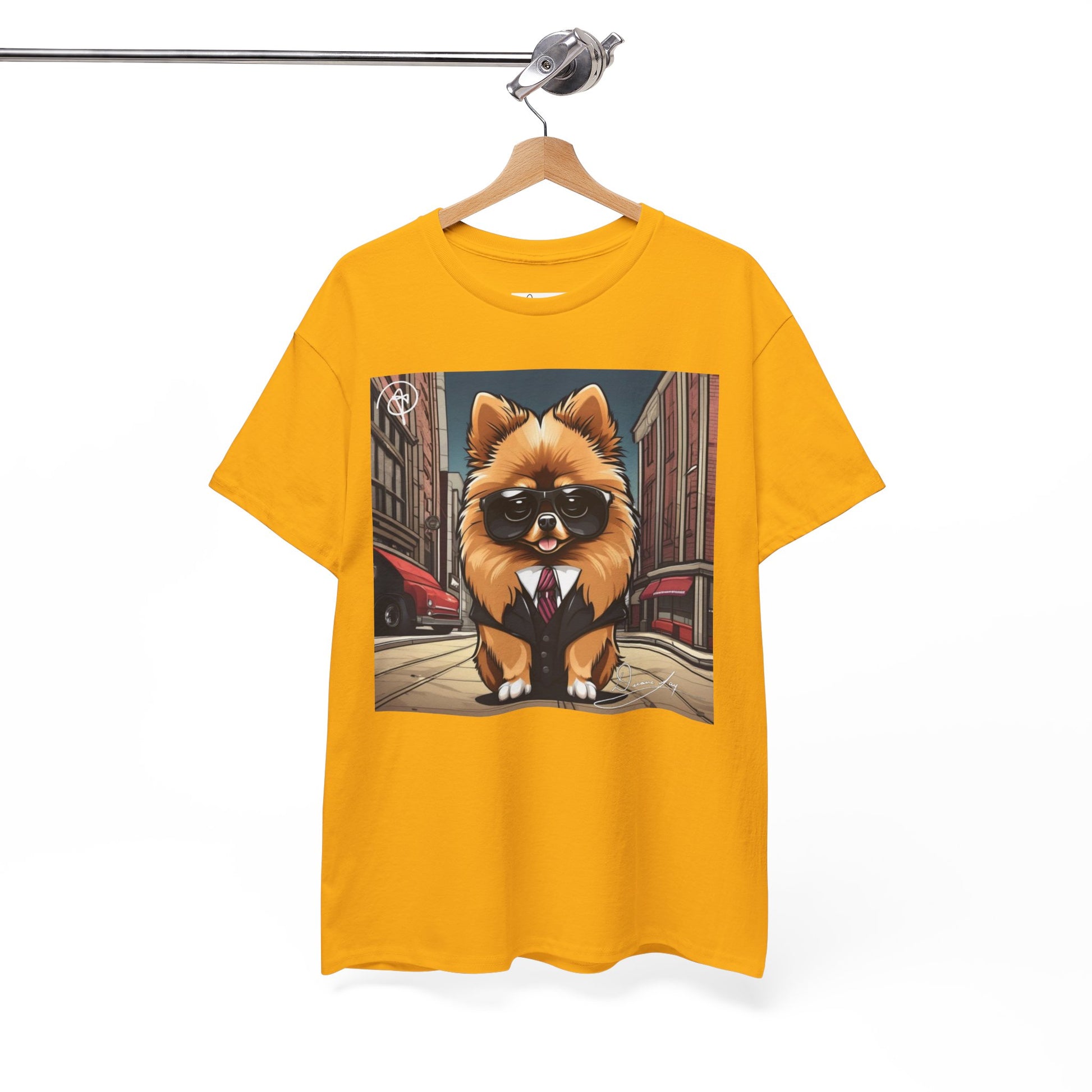 DuaneJay Pomeranian Business Dog T-Shirt — cute Pomeranian in suit graphic tee streetwear