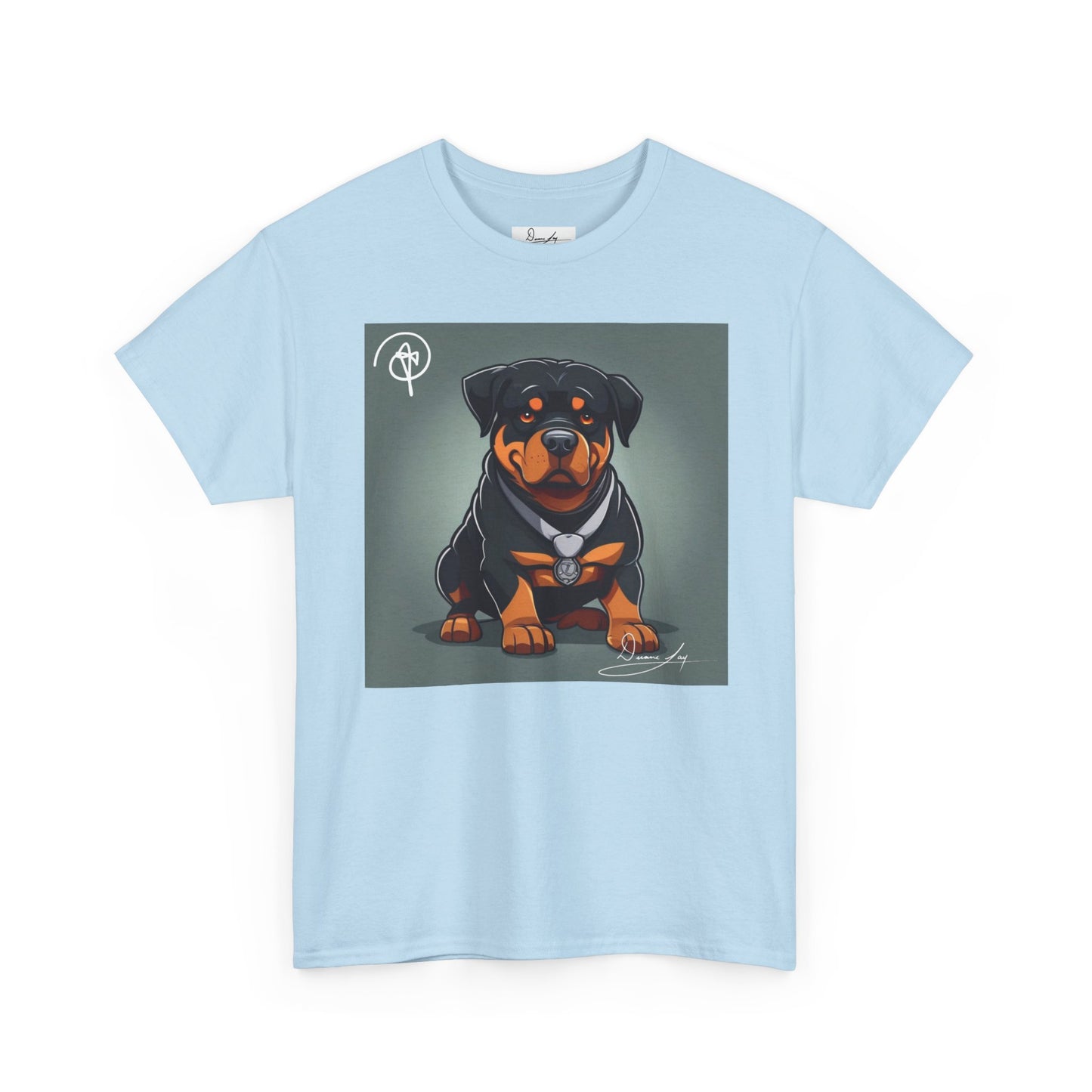 DuaneJay Rottweiler Puppy Portrait T-Shirt — charming graphic tee featuring an adorable Rottweiler puppy rendered in stunning artistic detail, a perfect blend of cuteness and signature streetwear style for devoted dog lovers