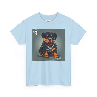 DuaneJay Rottweiler Puppy Portrait T-Shirt — charming graphic tee featuring an adorable Rottweiler puppy rendered in stunning artistic detail, a perfect blend of cuteness and signature streetwear style for devoted dog lovers