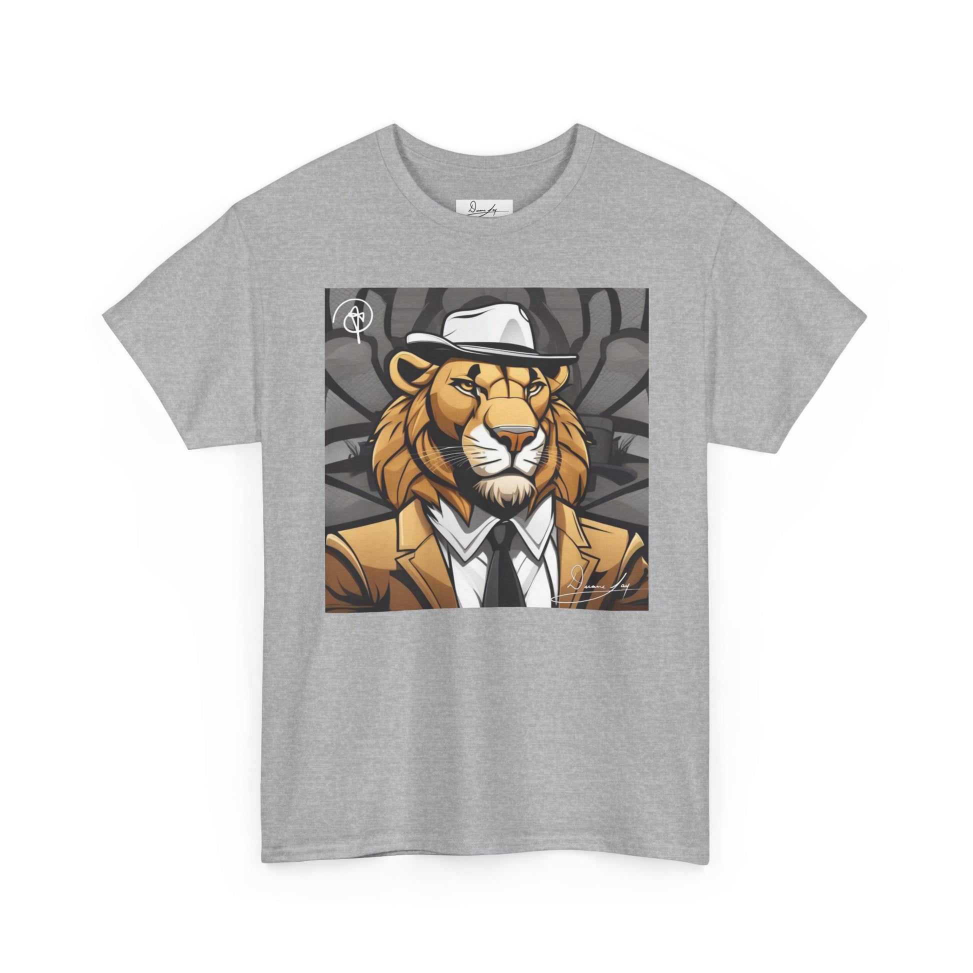 DuaneJay Lion Gangster Graphic Tee — powerful streetwear tee featuring a bold lion with gangster-inspired artistry, symbolizing strength, dominance, and signature style