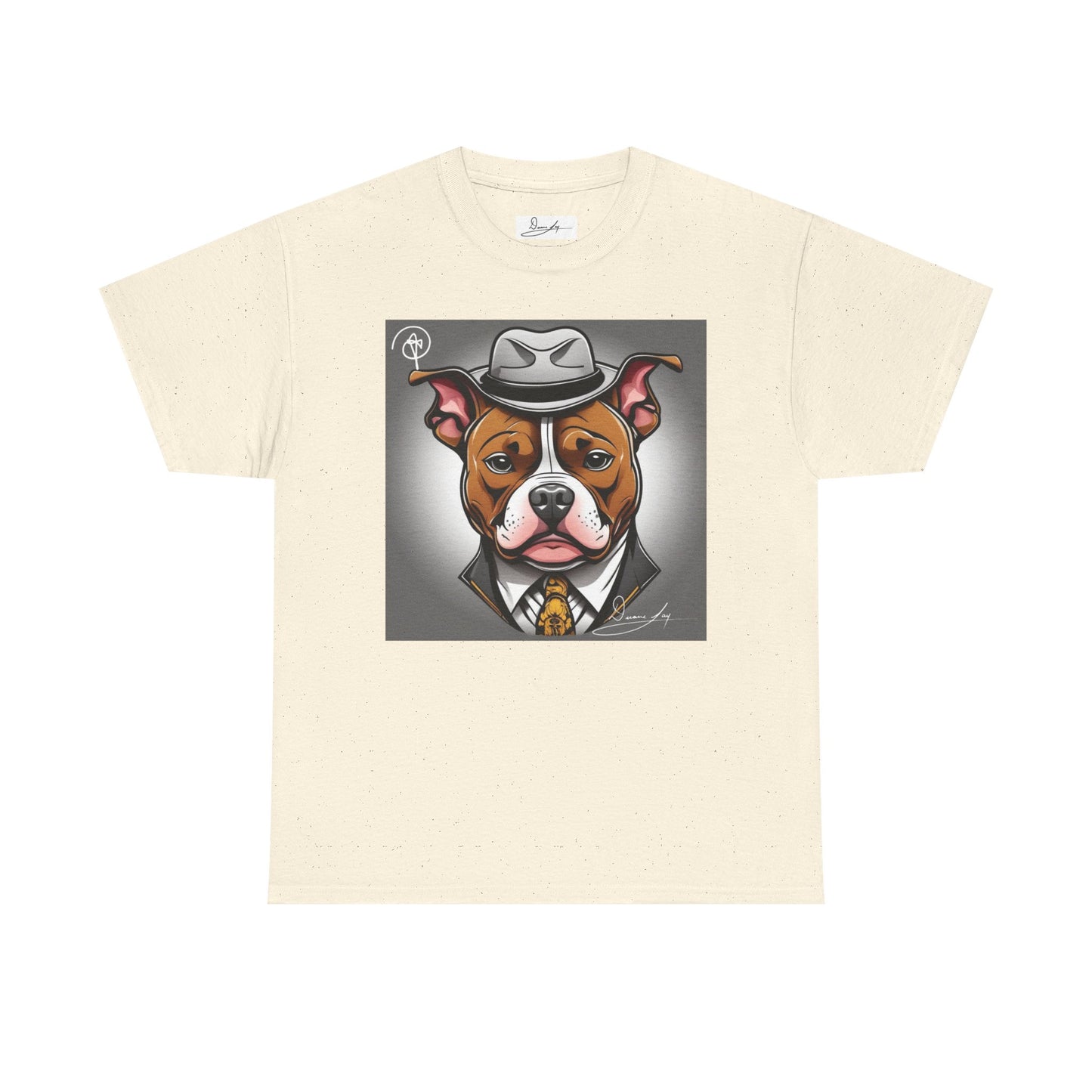 DuaneJay Gentleman Pitbull Tee — distinguished graphic tee featuring a dapper pitbull portrait blending elegance with bold streetwear energy for dog lovers with class and confidence