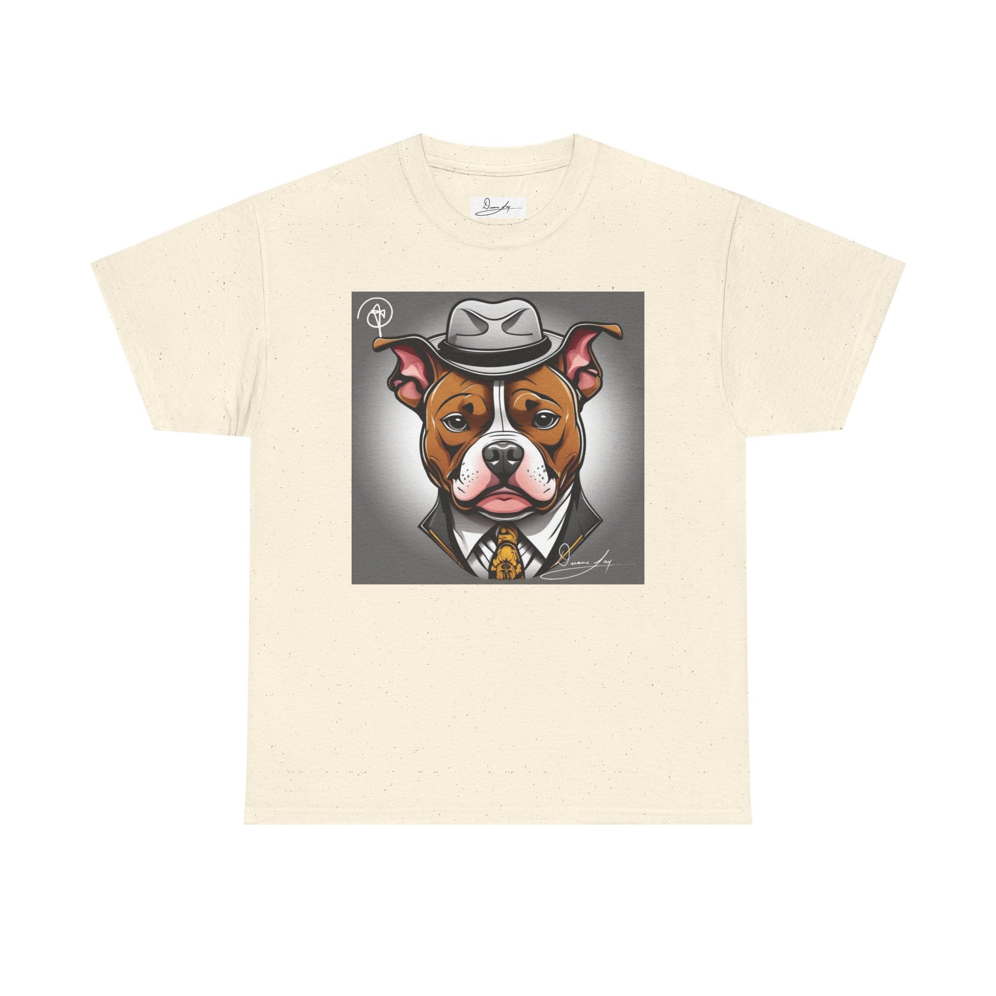 DuaneJay Gentleman Pitbull Tee — distinguished graphic tee featuring a dapper pitbull portrait blending elegance with bold streetwear energy for dog lovers with class and confidence