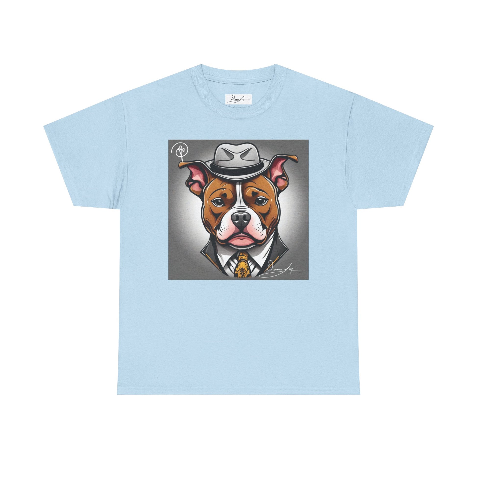 DuaneJay Gentleman Pitbull Tee — distinguished graphic tee featuring a dapper pitbull portrait blending elegance with bold streetwear energy for dog lovers with class and confidence