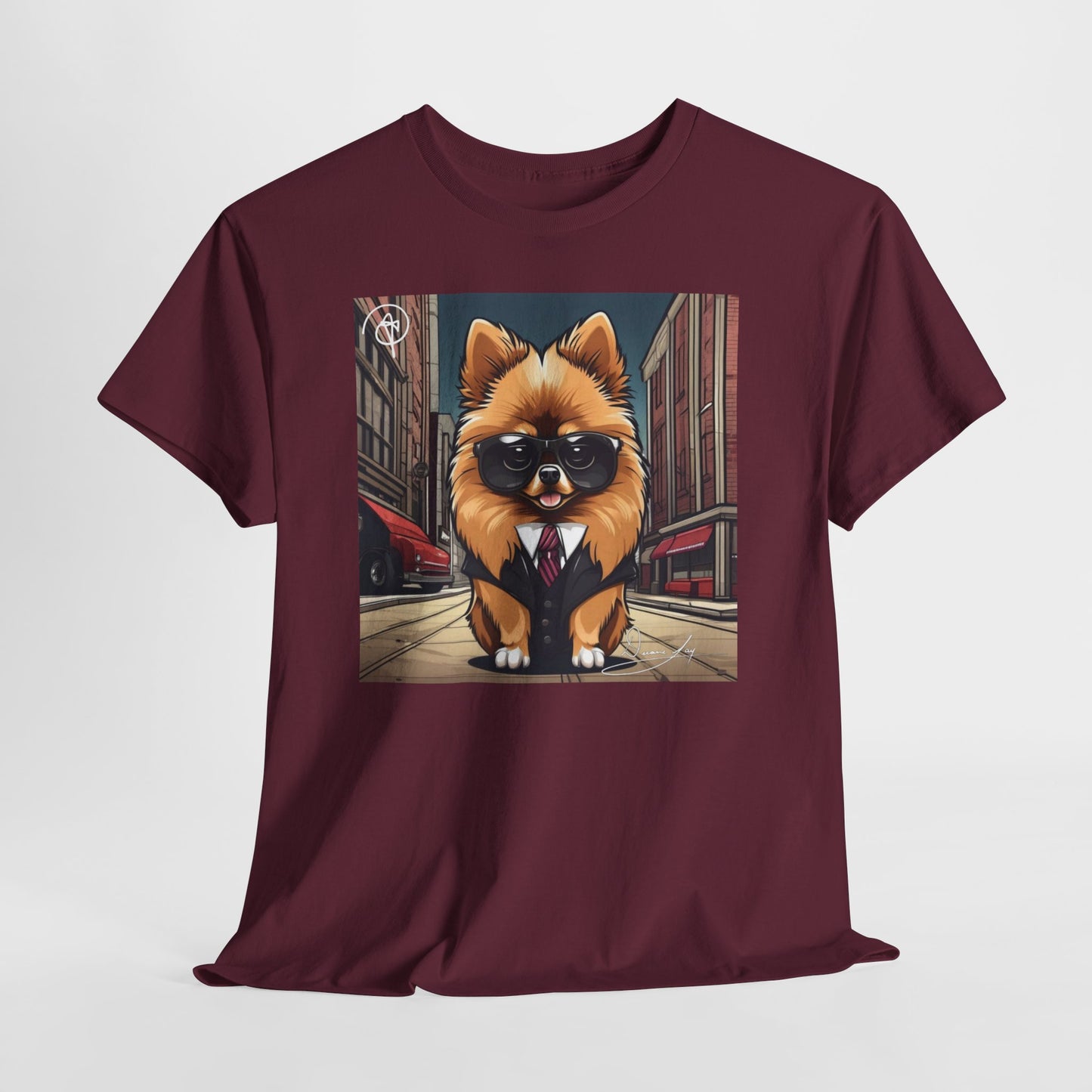 DuaneJay Pomeranian Business Dog T-Shirt — cute Pomeranian in suit graphic tee streetwear