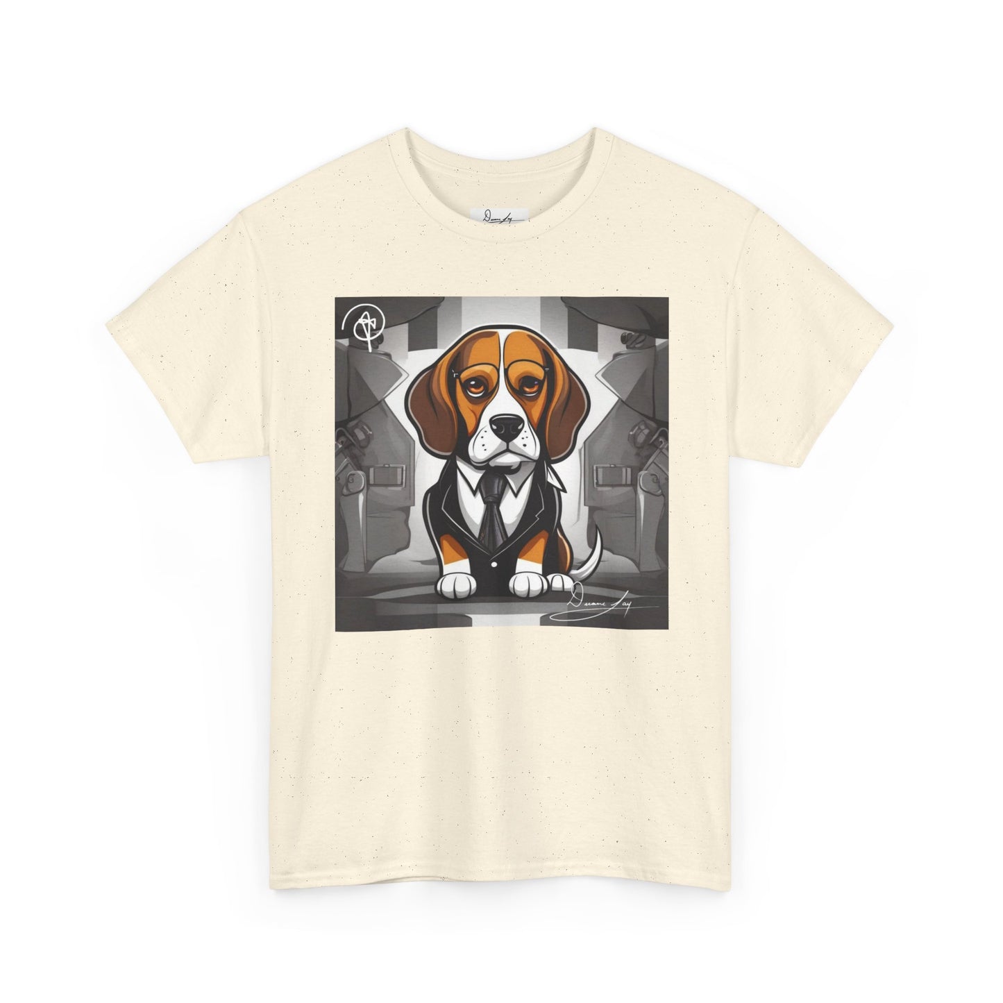 DuaneJay Beagle in a Suit T-Shirt — funny formal dog graphic tee featuring an adorable beagle dressed in a dapper suit, perfect for dog lovers who love bold streetwear style