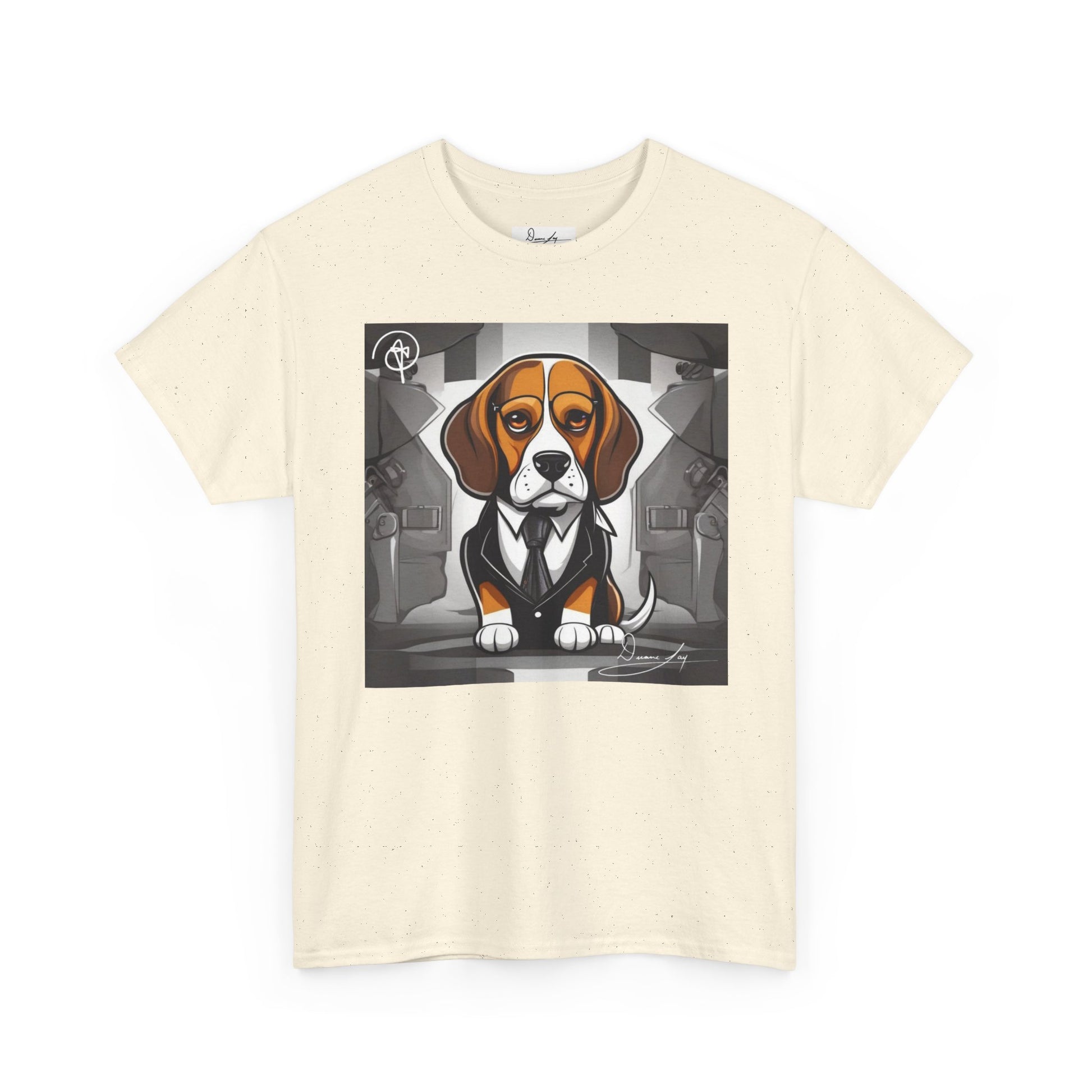 DuaneJay Beagle in a Suit T-Shirt — funny formal dog graphic tee featuring an adorable beagle dressed in a dapper suit, perfect for dog lovers who love bold streetwear style