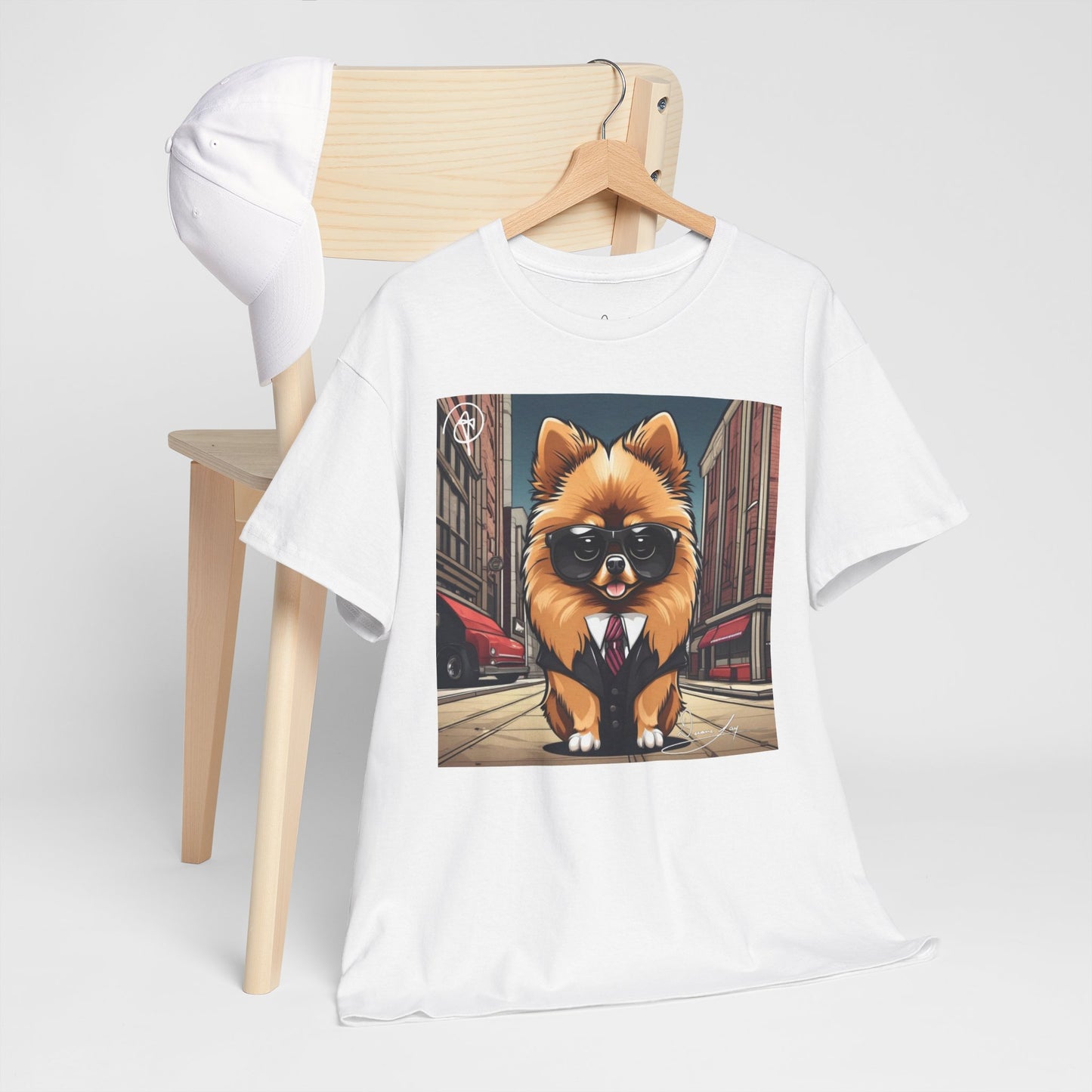 DuaneJay Pomeranian Business Dog T-Shirt — cute Pomeranian in suit graphic tee streetwear