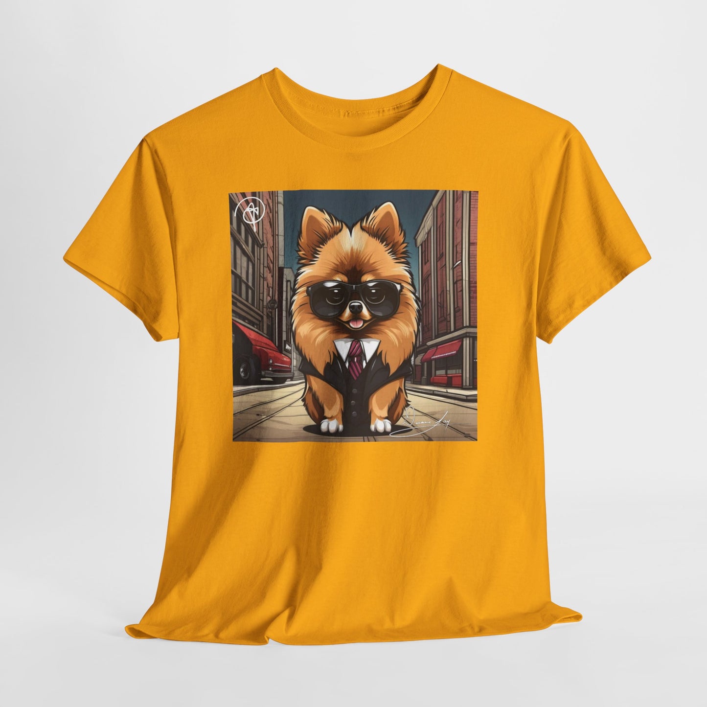 DuaneJay Pomeranian Business Dog T-Shirt — cute Pomeranian in suit graphic tee streetwear